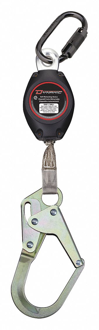 SELF-RETRACTING LIFELINE, CSA, SNAP HOOK, CARAB, CAP 310 LB, BLACK/GREY, 8 FT X 3/4 IN, STEEL