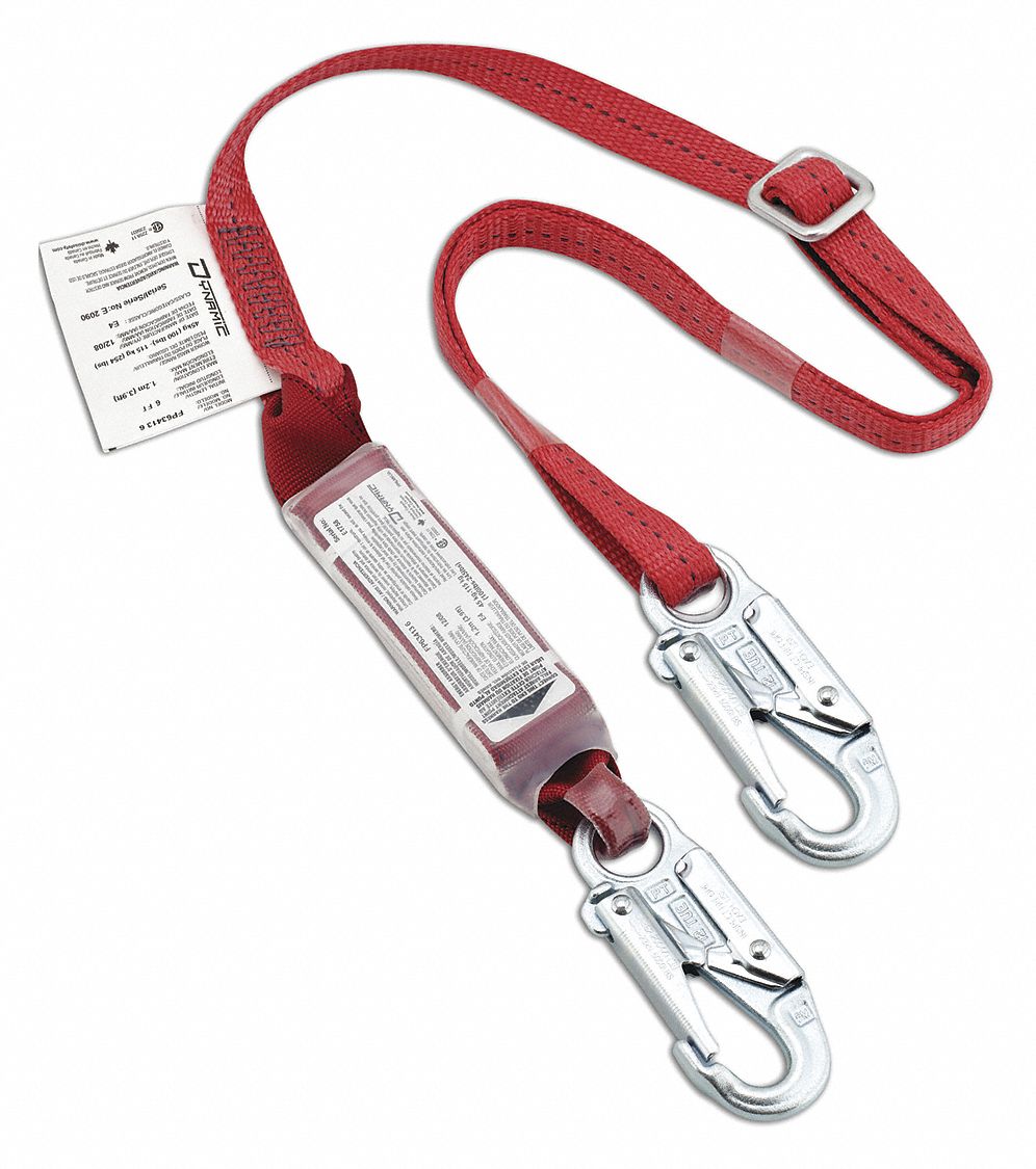 ADJUSTABLE WEB LANYARD, 1 LEG, WEIGHT CAP 132 TO 352 LBS, RED, 1 IN, STEEL HARDWARE