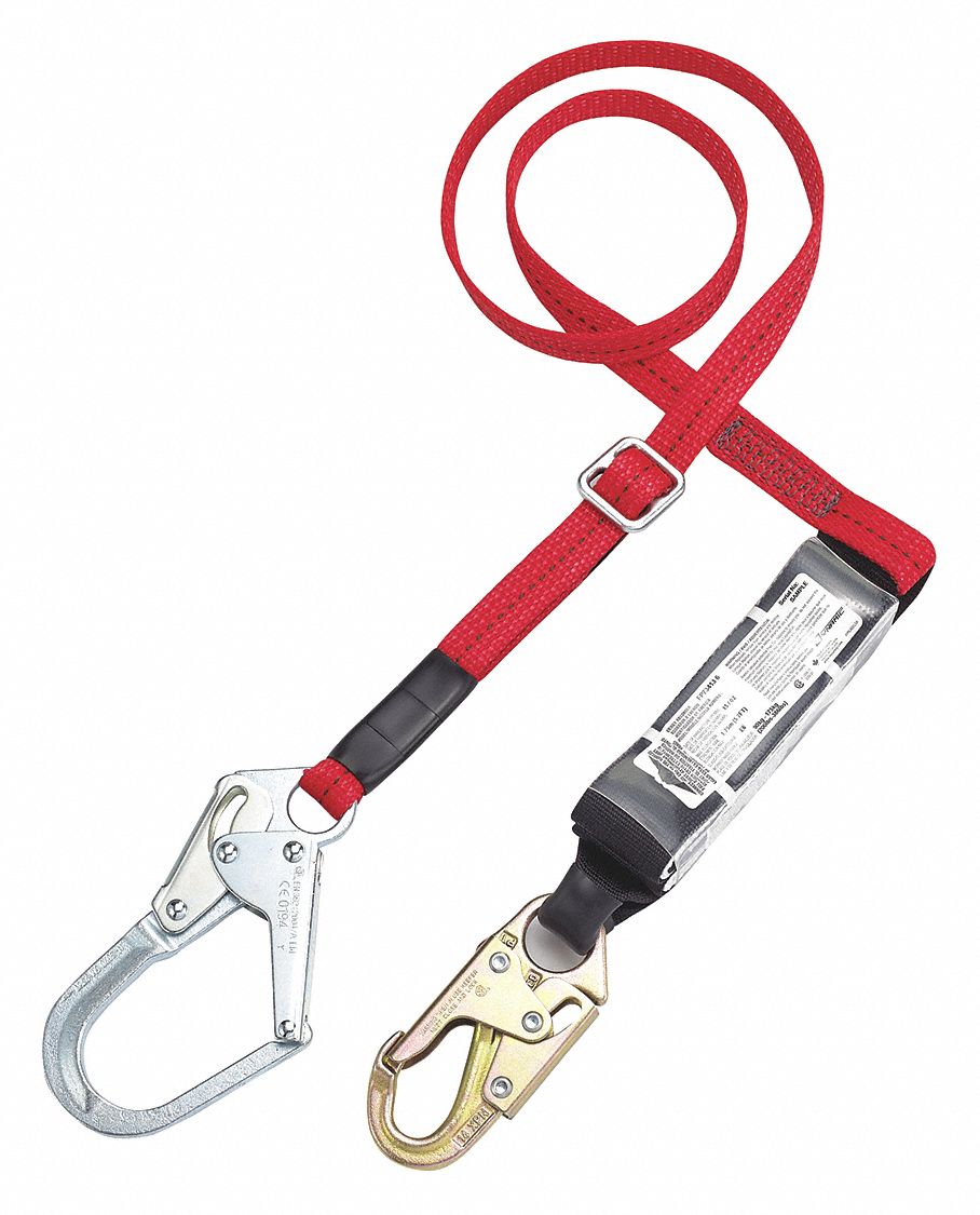 ADJUSTABLE WEB LANYARD, 1 LEG, WEIGHT CAP 132 TO 352 LBS, RED, 1 IN, STEEL HARDWARE