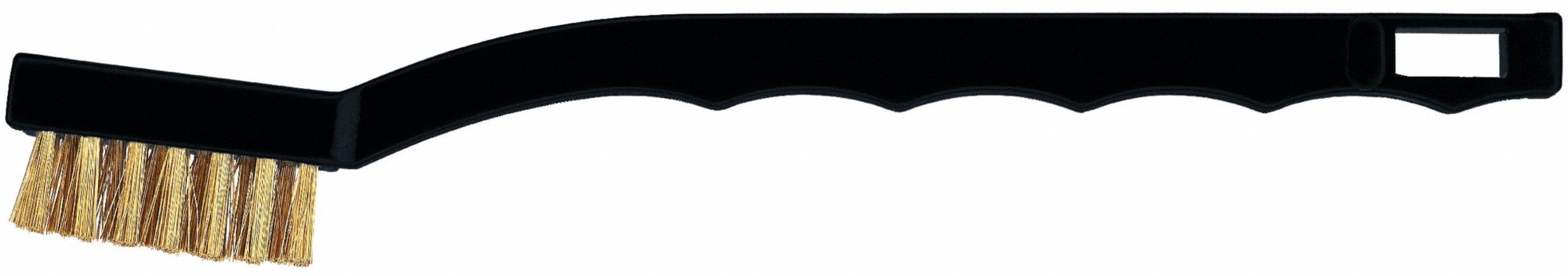 Scratch Brush: Curved Handle, Brass, Plastic, 1 1/8 in Brush Lg, 7 in Handle Lg