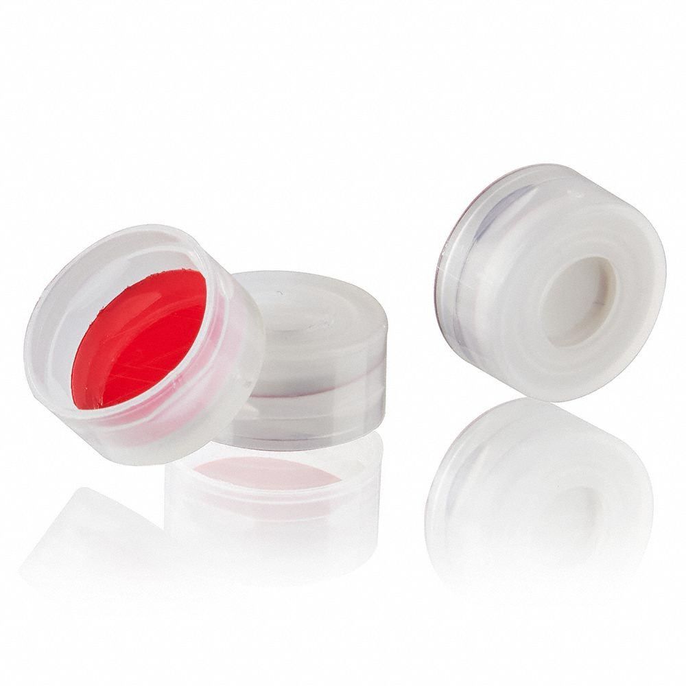 Lab Bottle Caps: 11 mm Dia, Colorless, Polyethylene, PTFE, Septa Included, Colored (MPN 9020002CAP-SR-NR). Key specifications — Closure Type: Snap-On; Clarity: Colored; Product Type: Cap; Septa Included: Yes; Vented: No; Brand: GLOBE SCIENTIFIC; Closure Color: Colorless; Closure Liner Material: PTFE.