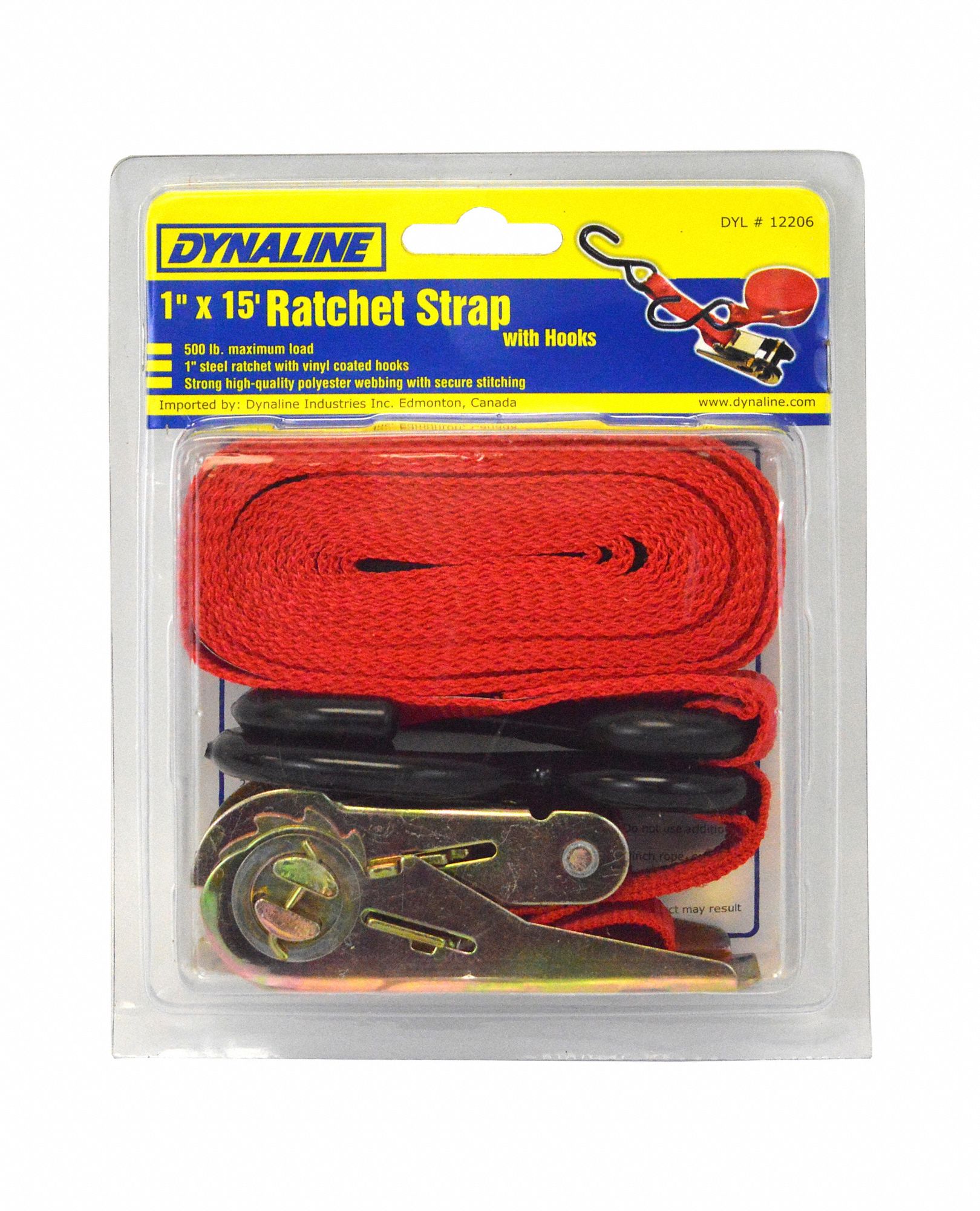 RATCHET STRAP, RED, 1 IN W X 15 FT L, 166 LB LOAD LIMIT, S-HOOK END TYPE