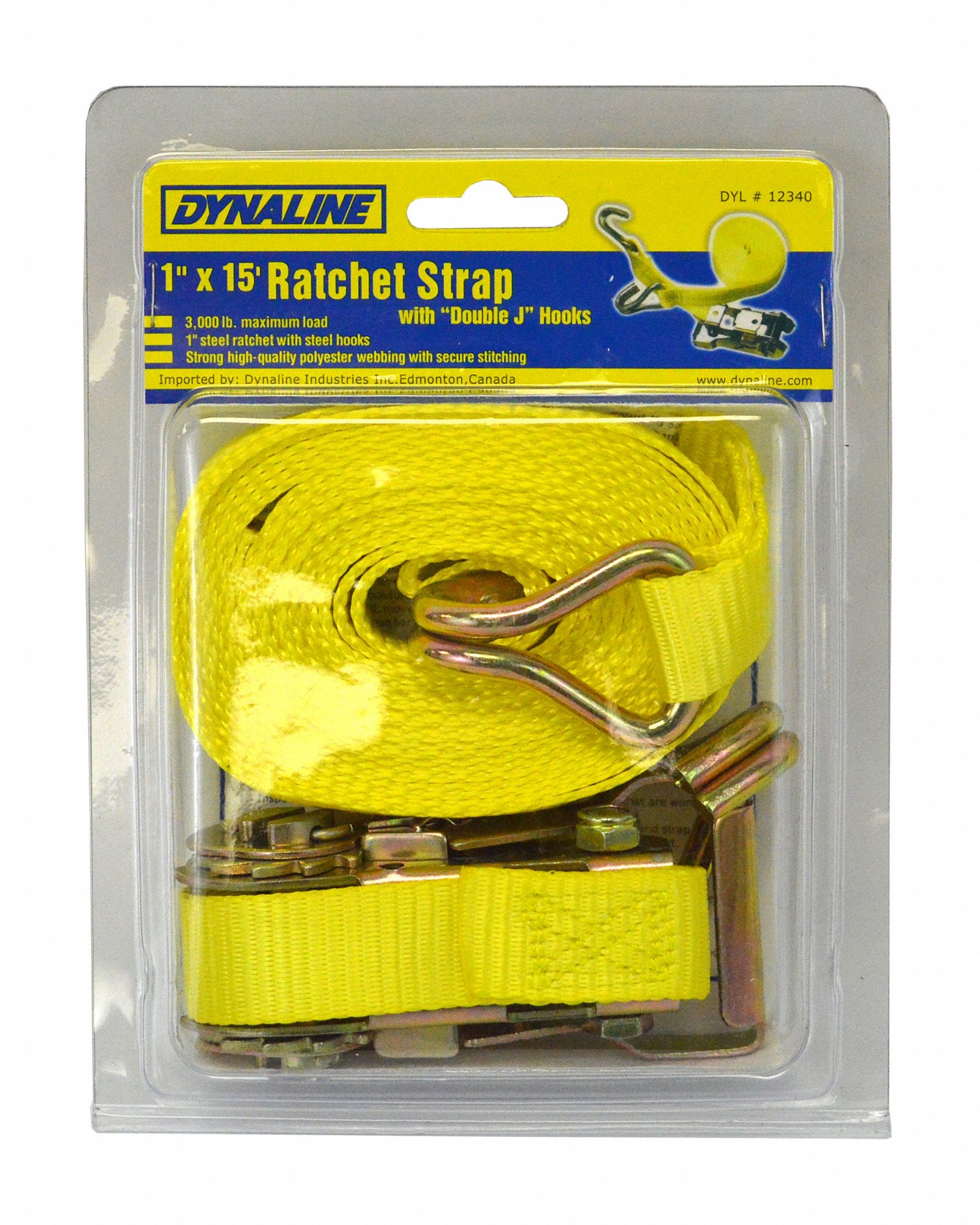 RATCHET STRAP, YELLOW, 1 IN W X 15 FT L, 1,000 LB LOAD LIMIT, J-HOOK END TYPE