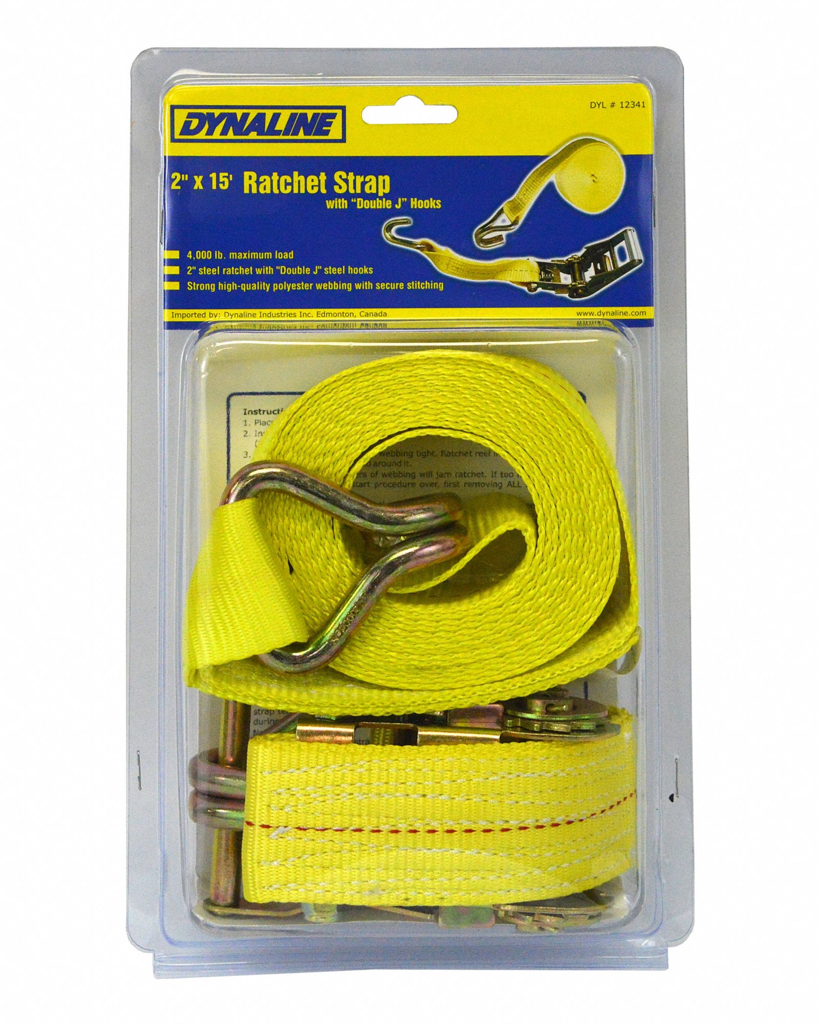RATCHET STRAP, YELLOW, 2 IN W X 15 FT L, 1,300 LB LOAD LIMIT, J-HOOK END TYPE