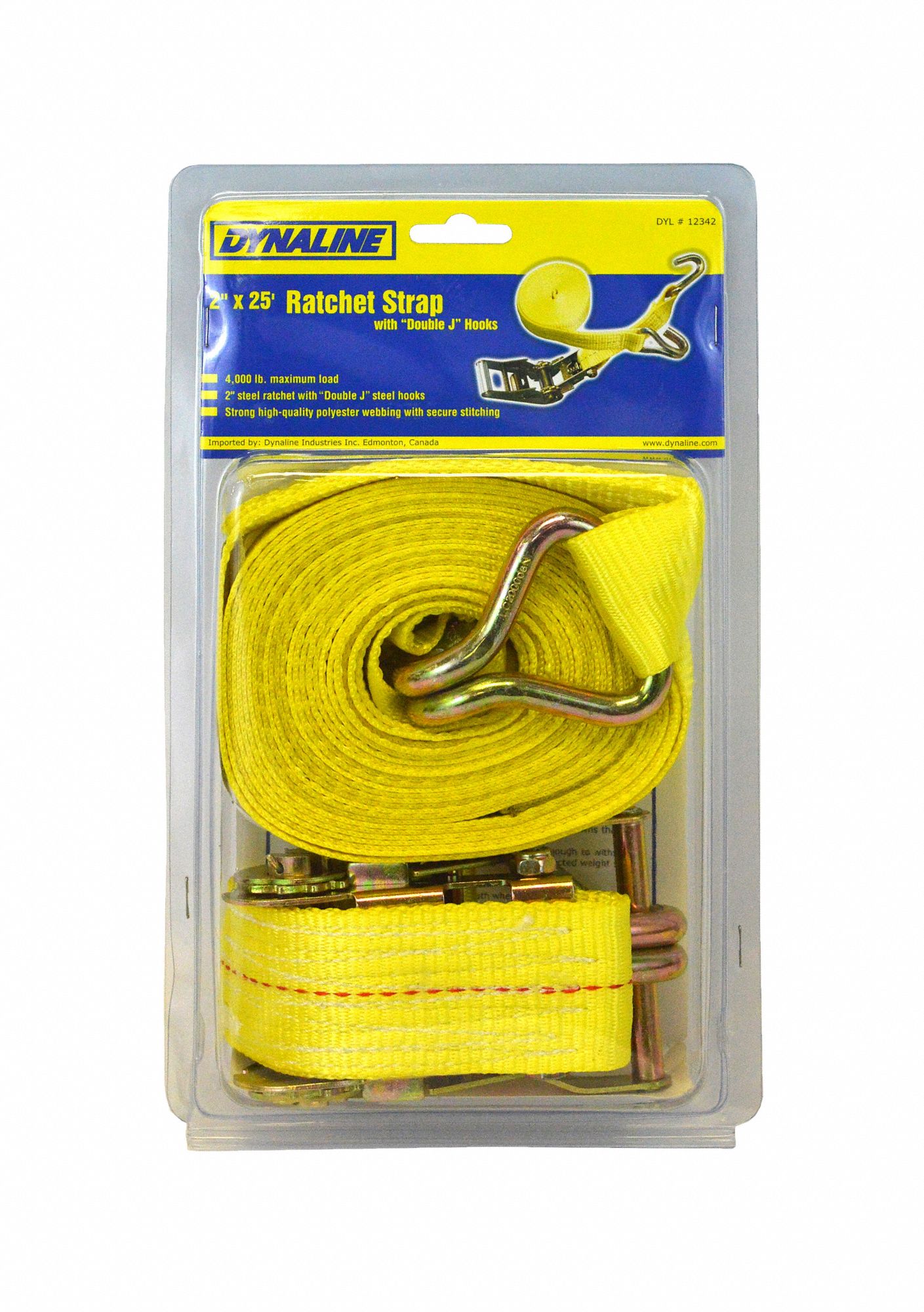 RATCHET STRAP, YELLOW, 2 IN W X 25 FT L, 1,300 LB LOAD LIMIT, J-HOOK END TYPE
