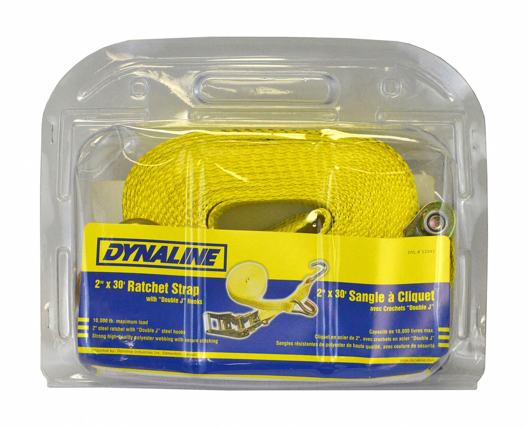 RATCHET STRAP, YELLOW, 2 IN W X 30 FT L, 3,300 LB LOAD LIMIT, J-HOOK END TYPE
