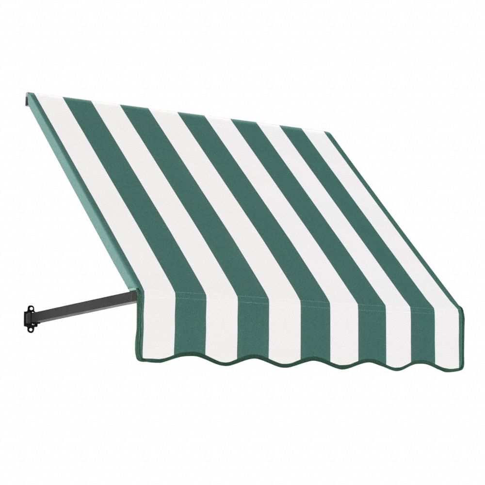 Open-Sided Slope Awning: Acrylic Fabric, Aluminum, Green/White, 40 1/2 in Overall Wd, 56 in x 36 in