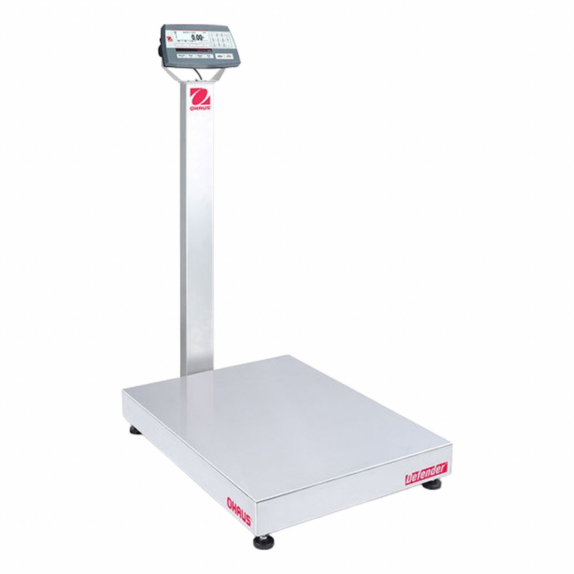 OHAUS Industrial Bench Scale: 23 5/8 in x 31 1/2 in, Not IP Rated, Column-Mounted, Stainless Steel (MPN D52P250RTV3). Key specifications — Connection Ports: Ethernet; Readability: 0.02 lb/10 g; Brand: OHAUS; Weighing Surface Material: Stainless Steel.