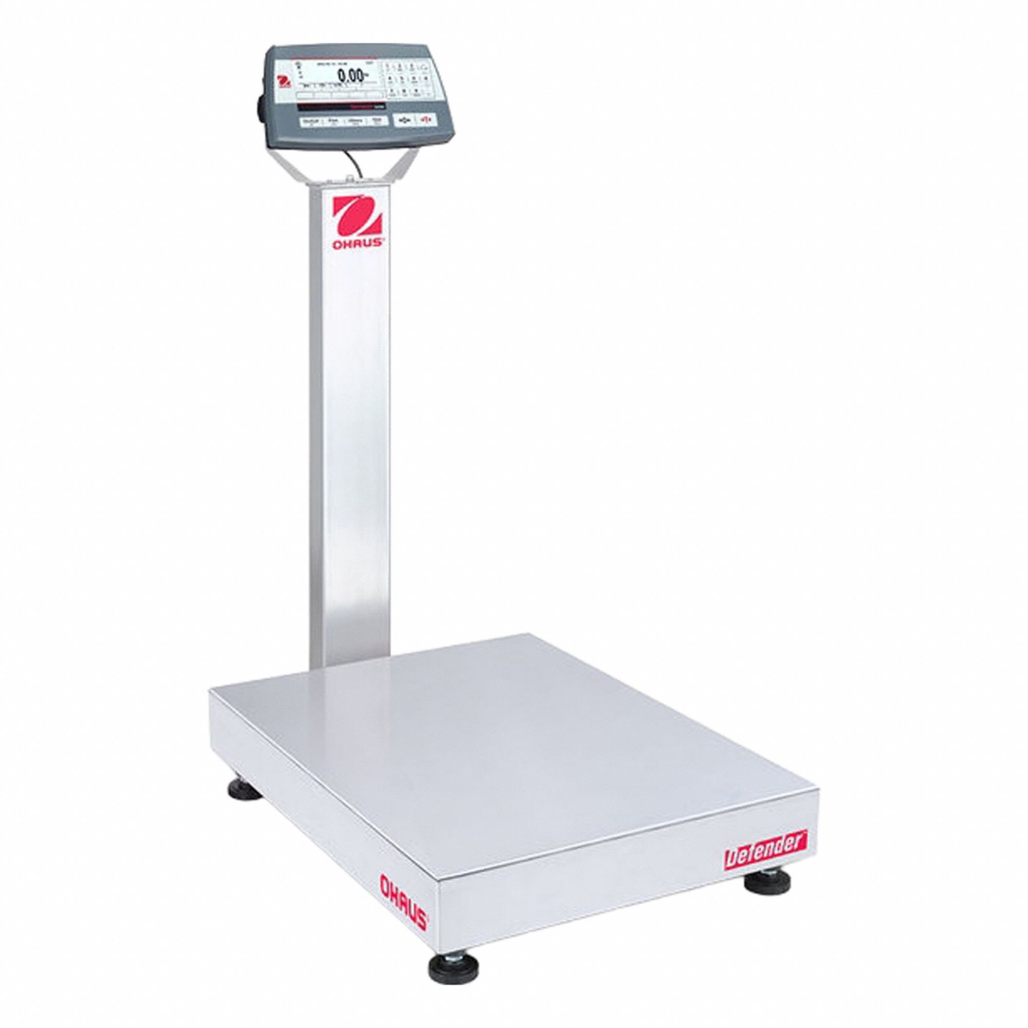 OHAUS Industrial Bench Scale: 18 in x 24 in, Not IP Rated, Column-Mounted, Stainless Steel (MPN D52P50RTX2). Key specifications — Connection Ports: Wi-Fi®; Readability: 0.005 lb/2 g; Brand: OHAUS; Weighing Surface Material: Stainless Steel.