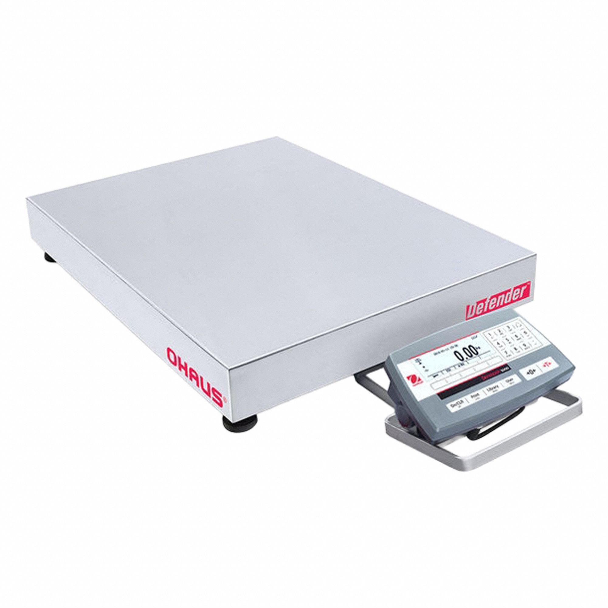 OHAUS Industrial Bench Scale: 18 in x 24 in, Not IP Rated, Front-Mounted, Stainless Steel (MPN D52P50RTX5). Key specifications — attr1341383: GLP/GMP Data Output; attr1341384: 0.005 lb/2 g; attr1341400: OHAUS; attr1383935: Stainless Steel.