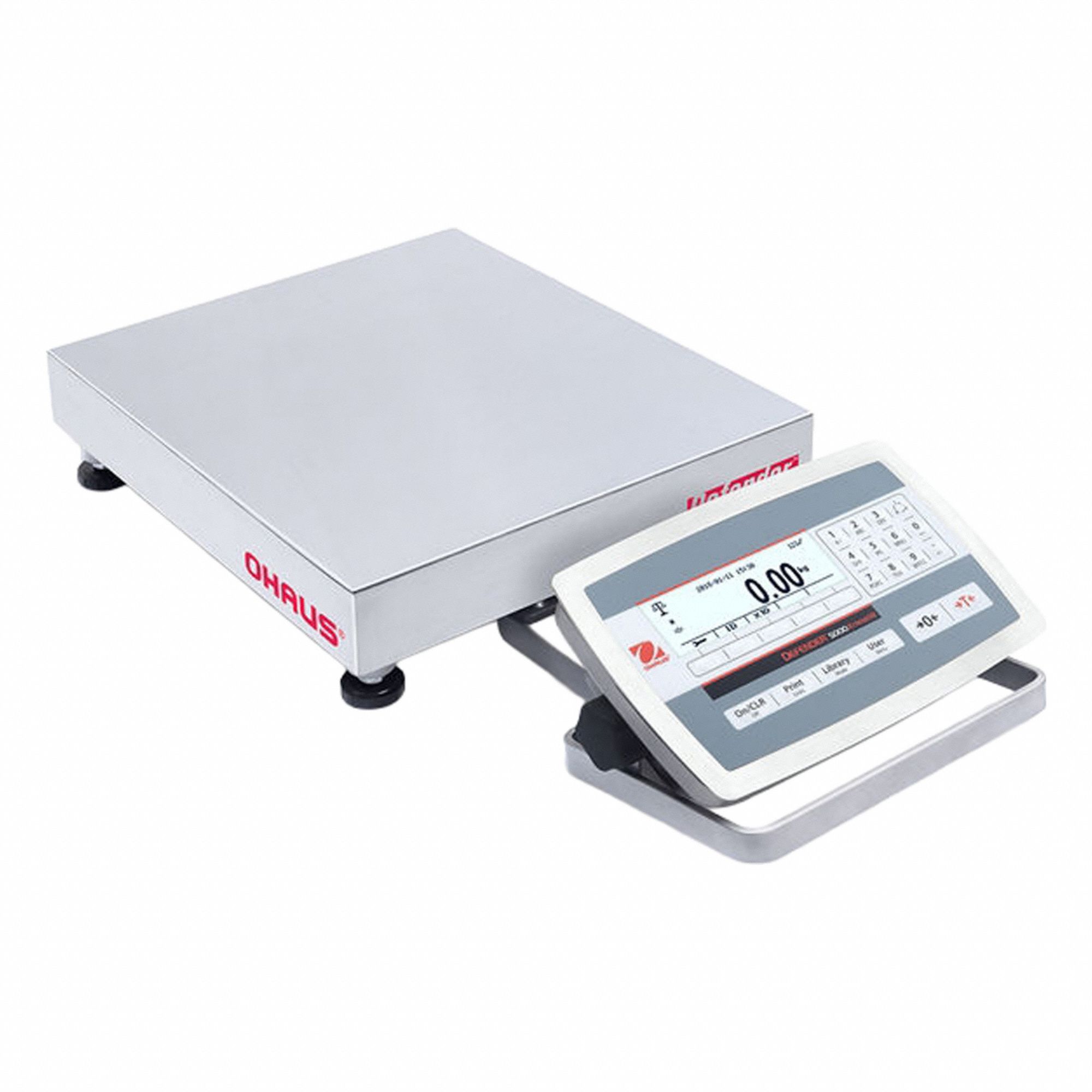 OHAUS Industrial Bench Scale: 12 in x 12 in, IP67/IP68, Front-Mounted, 100 lb Wt Capacity - Imperial (MPN D52XW50RQR5). Key specifications — attr1341383: Bluetooth; attr1341384: 0.005 lb/2 g; attr1341400: OHAUS; attr1383935: Stainless Steel.
