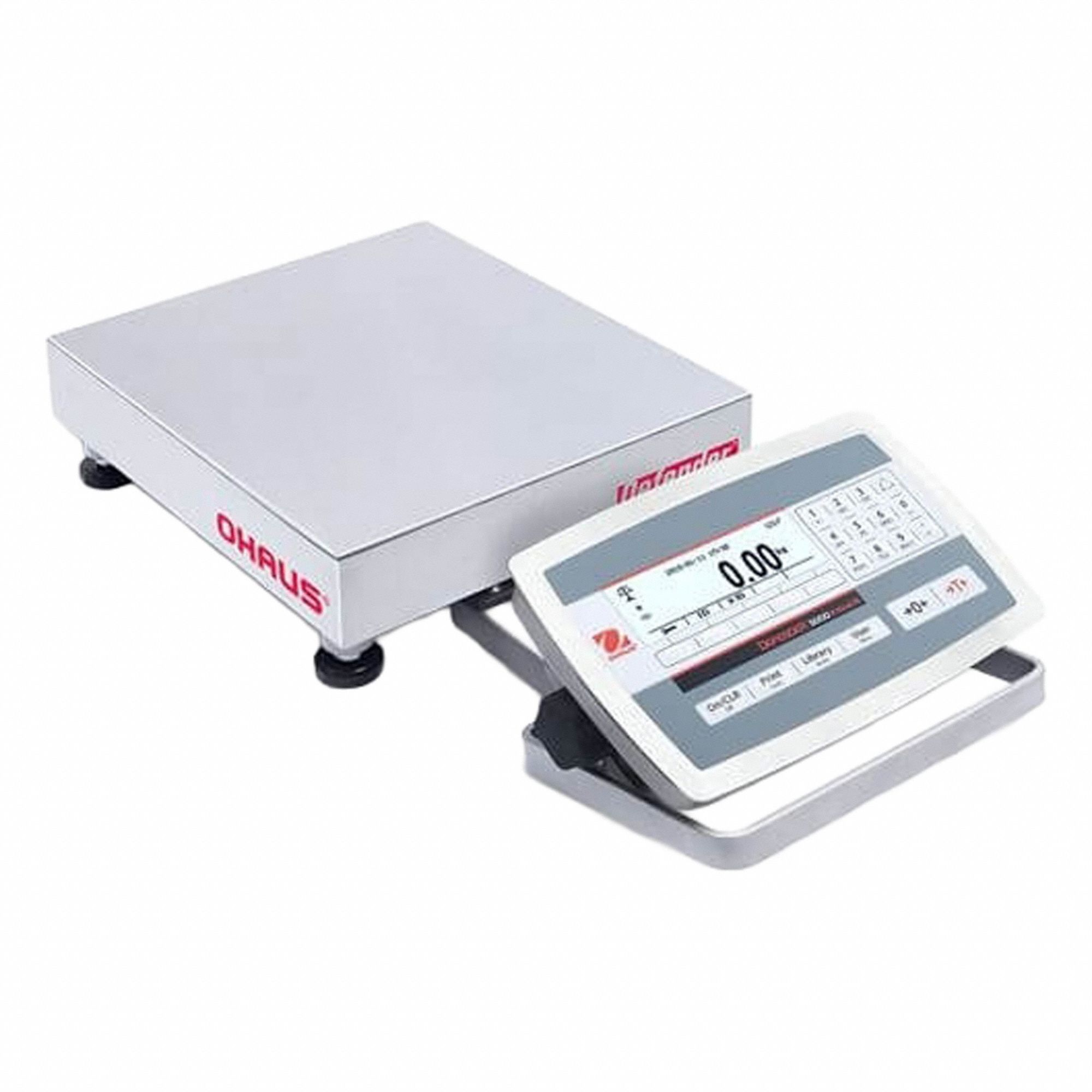 OHAUS Industrial Bench Scale: 10 in x 10 in, IP67/IP68, Front-Mounted, 25 lb Wt Capacity - Imperial (MPN D52XW12WQS5). Key specifications — attr1341383: 2 In/4 Out Discrete I/O; attr1341384: 0.001 lb/0.5 g; attr1341400: OHAUS; attr1383935: Stainless Steel.