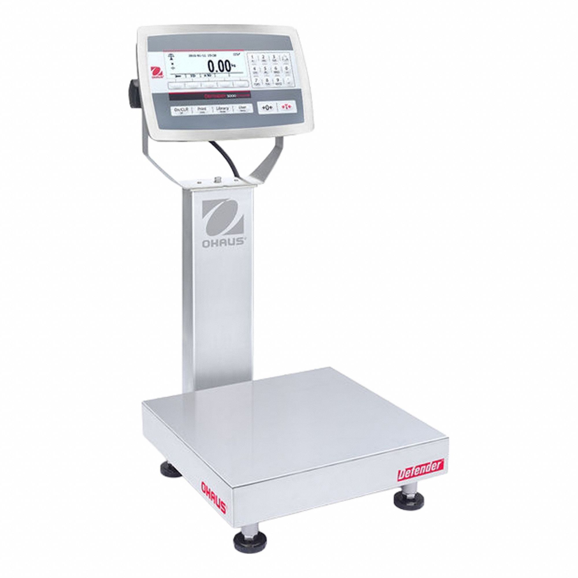OHAUS Industrial Bench Scale: 12 in x 12 in, IP67/IP68, Column-Mounted, Stainless Steel (MPN D52XW50WQR6). Key specifications — Connection Ports: RS-485; Readability: 0.005 lb/2 g; Brand: OHAUS; Weighing Surface Material: Stainless Steel.
