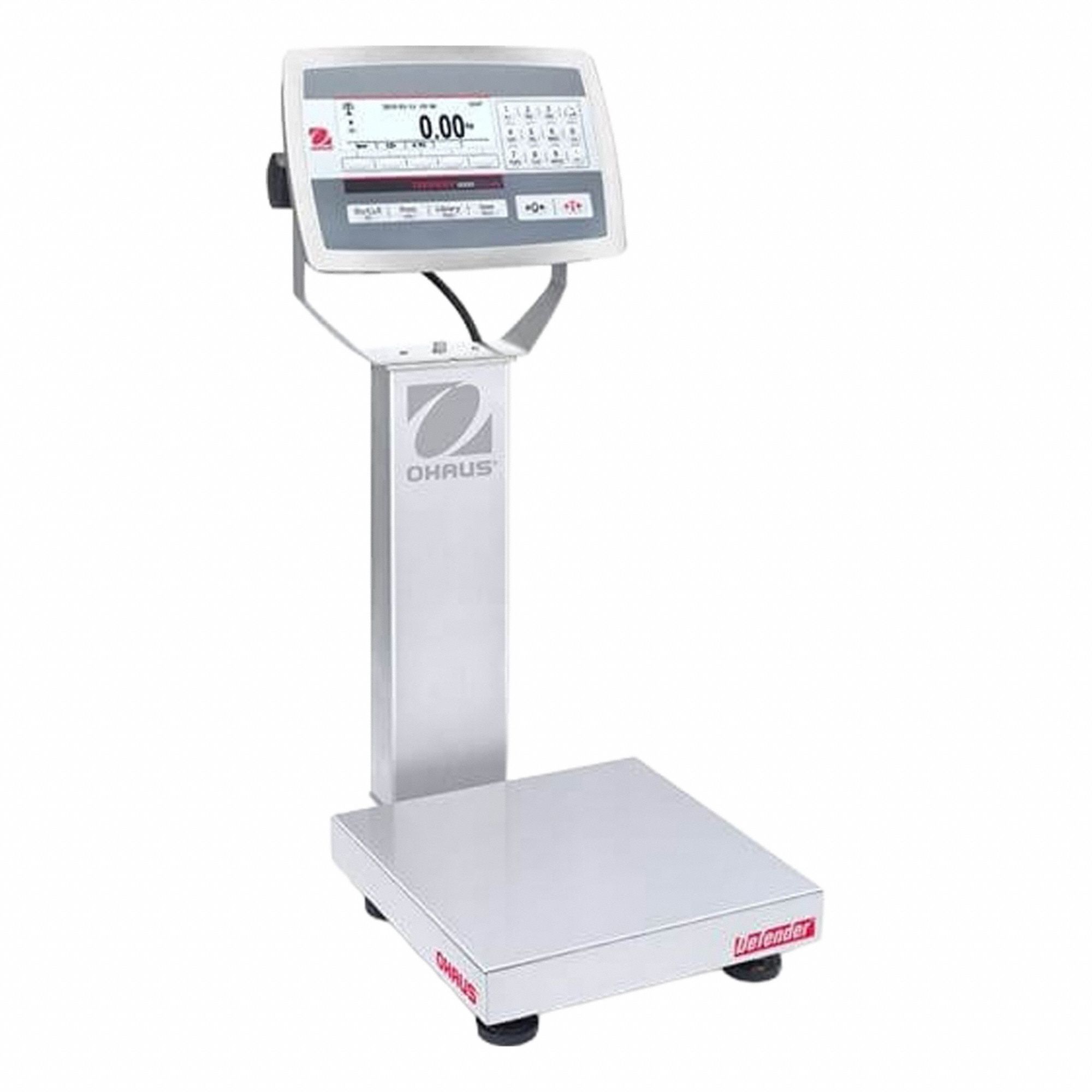 OHAUS Industrial Bench Scale: 10 in x 10 in, IP67/IP68, Column-Mounted, 10 lb Wt Capacity - Imperial (MPN D52XW5WQS6). Key specifications — Connection Ports: Ethernet; Readability: 0.0005 lb/0.2 g; Brand: OHAUS; Weighing Surface Material: Stainless Steel.