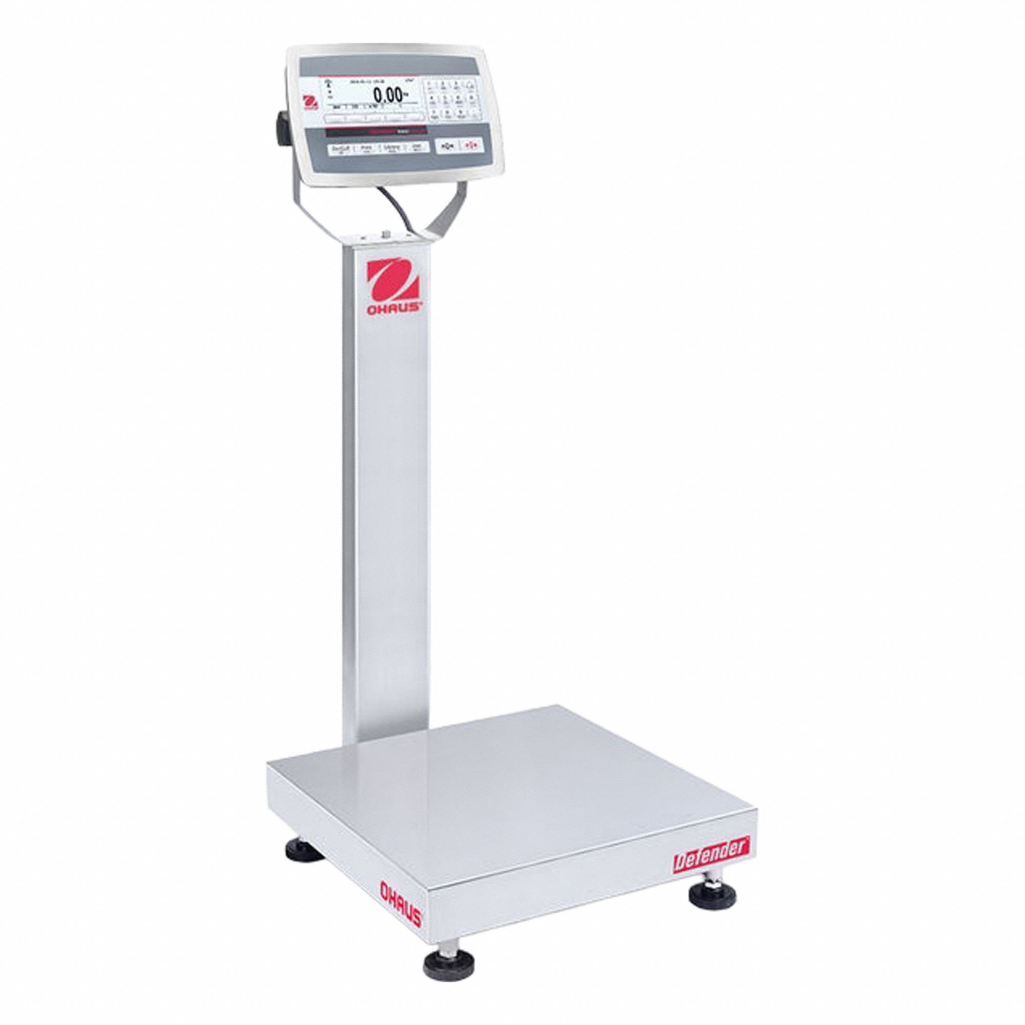OHAUS Industrial Bench Scale: 18 in x 18 in, IP67/IP68, Column-Mounted, Stainless Steel (MPN D52XW125RQL2). Key specifications — Connection Ports: Bluetooth; Readability: 0.01 lb/5 g; Brand: OHAUS; Weighing Surface Material: Stainless Steel.