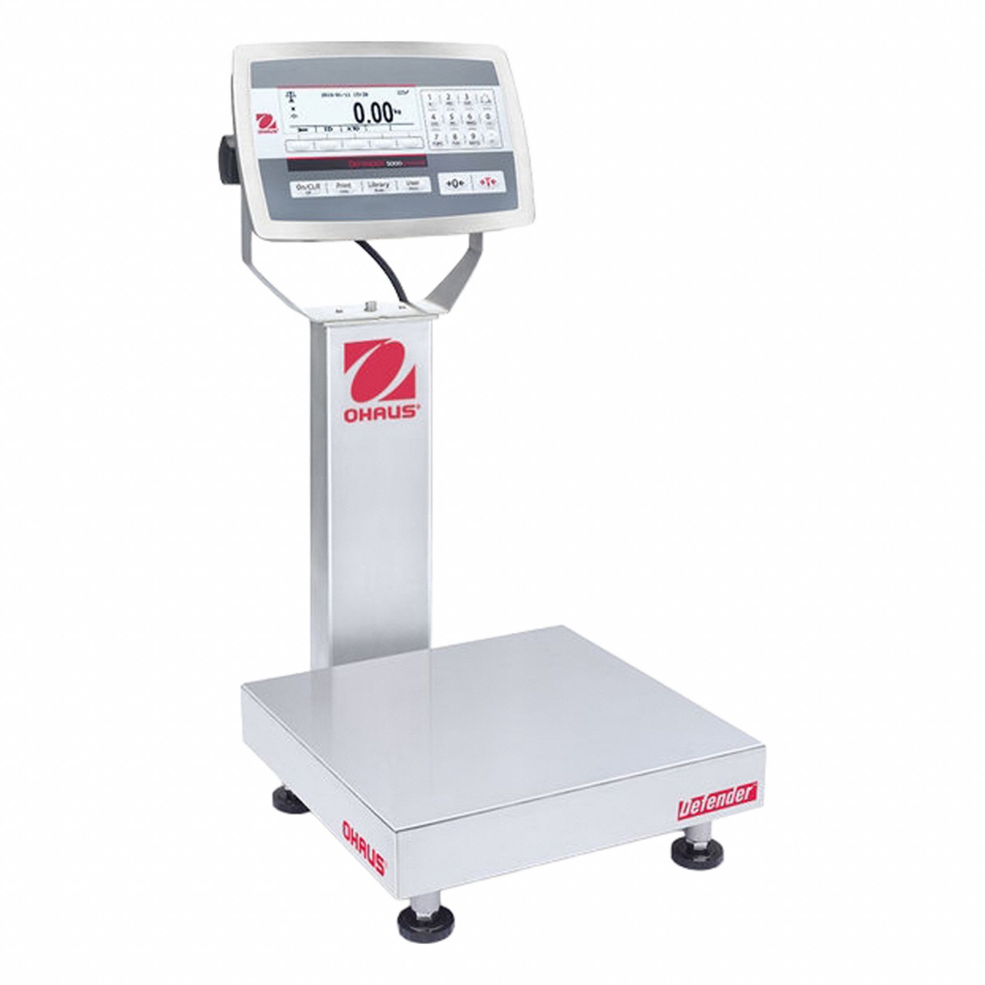 OHAUS Industrial Bench Scale: 12 in x 12 in, IP67/IP68, Column-Mounted, 50 lb Wt Capacity - Imperial (MPN D52XW25RQR1). Key specifications — Connection Ports: Analog Output; Readability: 0.002 lb/1 g; Brand: OHAUS; Weighing Surface Material: Stainless Steel.