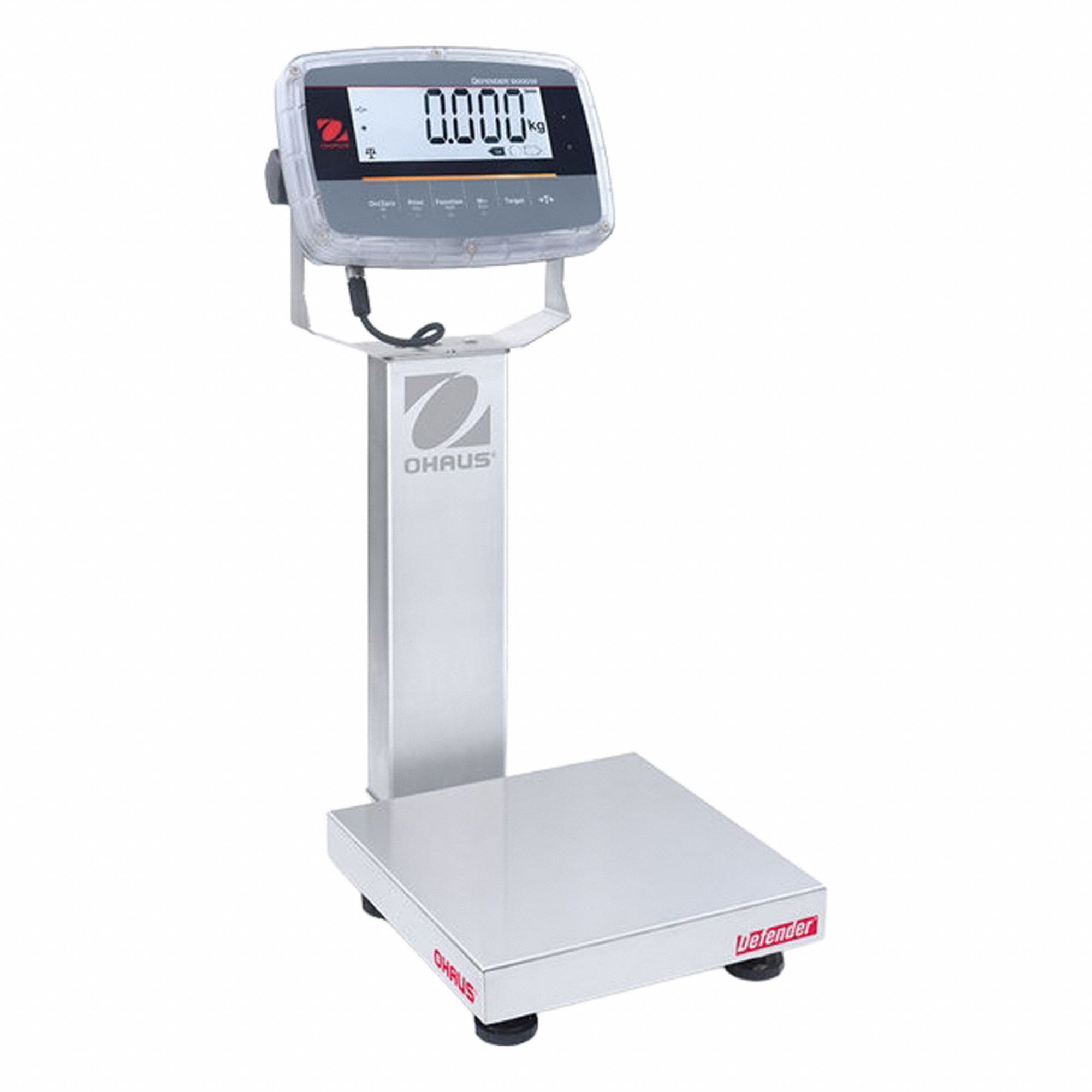 OHAUS Industrial Bench Scale: 10 in x 10 in, IP68/IP69K, Column-Mounted, Stainless Steel (MPN D61PW5WQS6). Key specifications — Connection Ports: Infrared Communication Kit; Readability: 0.0005 lb/0.2 g; Brand: OHAUS; Weighing Surface Material: Stainless Steel.
