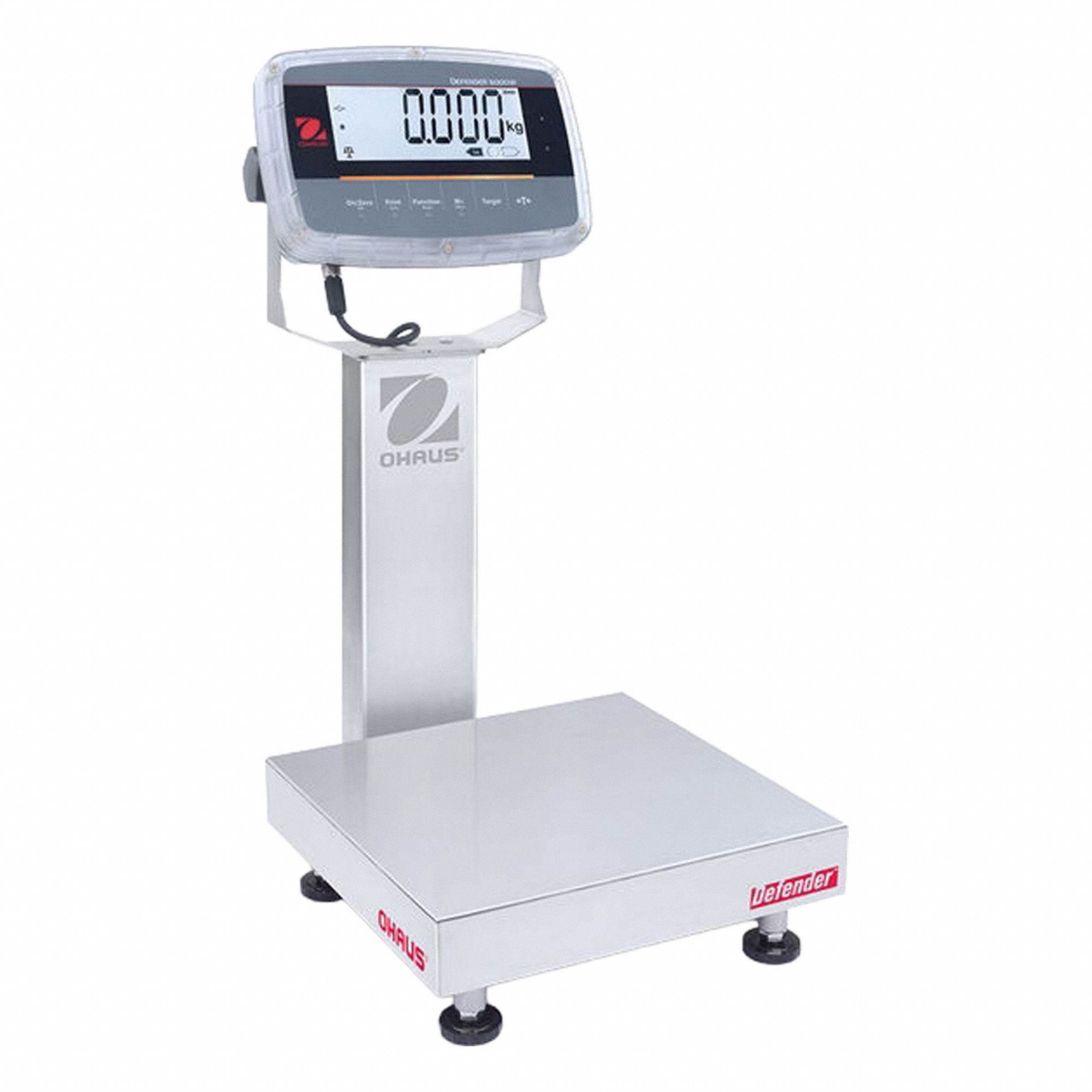 OHAUS Industrial Bench Scale: 12 in x 12 in, IP68/IP69K, Column-Mounted, Stainless Steel (MPN D61PW25WQR6). Key specifications — Connection Ports: Infrared Communication Kit; Readability: 0.002 lb/1 g; Brand: OHAUS; Weighing Surface Material: Stainless Steel.