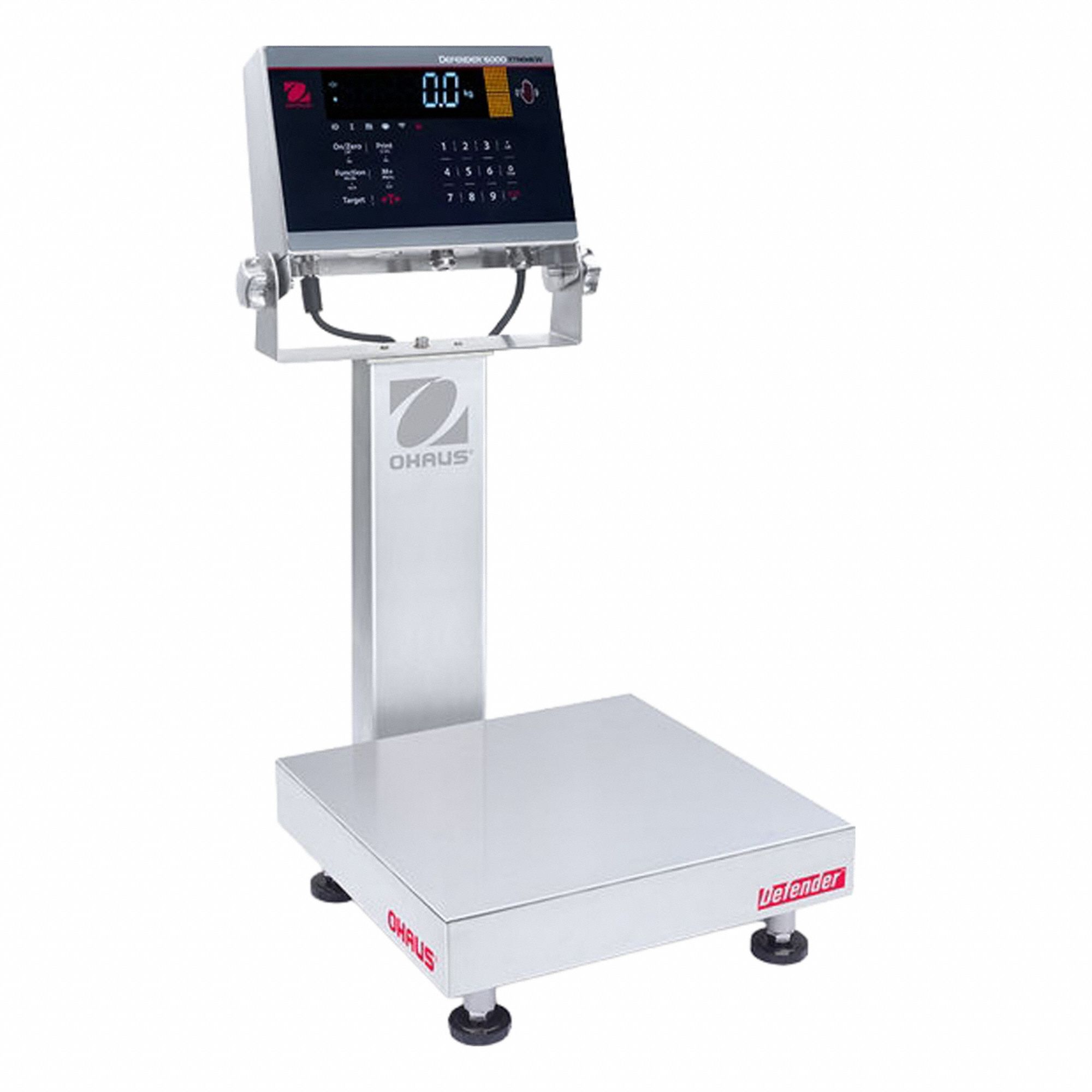OHAUS Industrial Bench Scale: 12 in x 12 in, IP68/IP69K, Column-Mounted, Stainless Steel (MPN D61XWE12WQR6). Key specifications — Connection Ports: Ethernet; Readability: 0.002 lb/1 g; Brand: OHAUS; Weighing Surface Material: Stainless Steel.