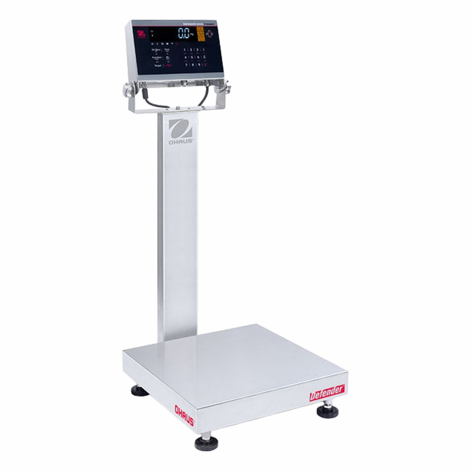 OHAUS Industrial Bench Scale: 18 in x 18 in, IP68/IP69K, Column-Mounted, Stainless Steel (MPN D61XWE25WQL7). Key specifications — Connection Ports: Wi-Fi®; Readability: 0.002 lb/1 g; Brand: OHAUS; Weighing Surface Material: Stainless Steel.