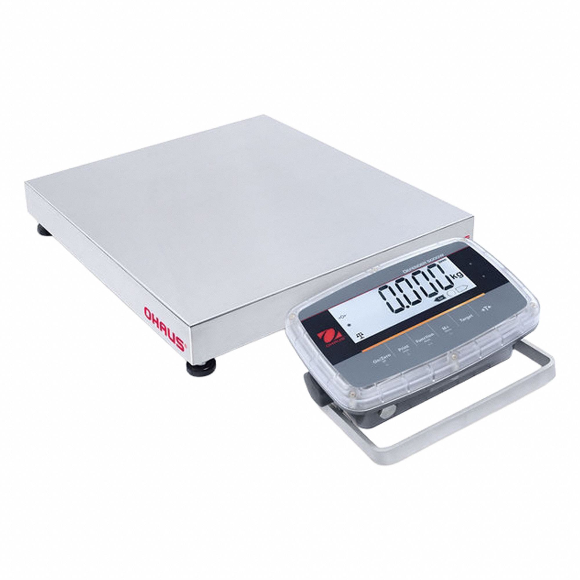 OHAUS Industrial Bench Scale: 18 in x 18 in, IP68/IP69K, Front-Mounted, 50 lb Wt Capacity - Imperial (MPN D61PW25WQL5). Key specifications — attr1341383: Infrared Communication Kit; attr1341384: 0.002 lb/1 g; attr1341400: OHAUS; attr1383935: Stainless Steel.