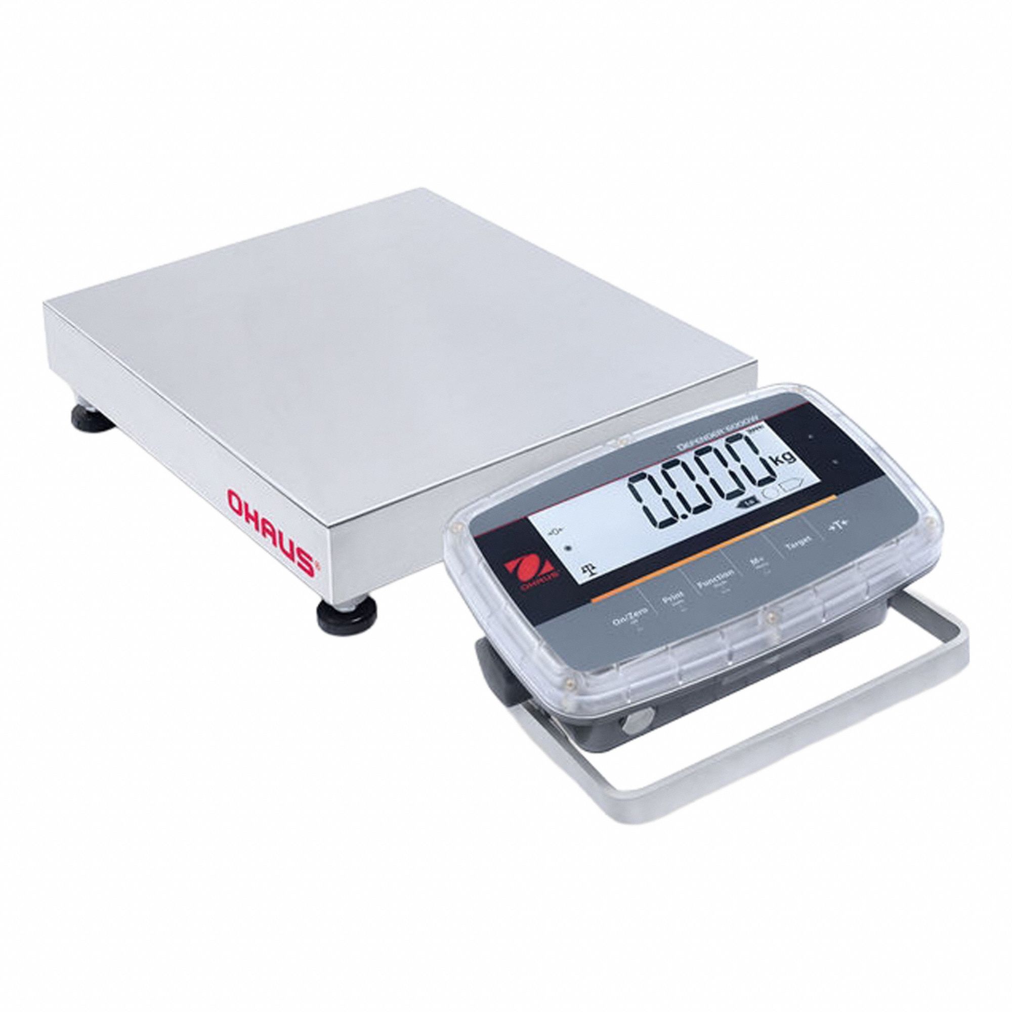 OHAUS Industrial Bench Scale: 12 in x 12 in, IP68/IP69K, Front-Mounted, 25 lb Wt Capacity - Imperial (MPN D61PW12WQR5). Key specifications — attr1341383: Infrared Communication Kit; attr1341384: 0.001 lb/0.5 g; attr1341400: OHAUS; attr1383935: Stainless Steel.