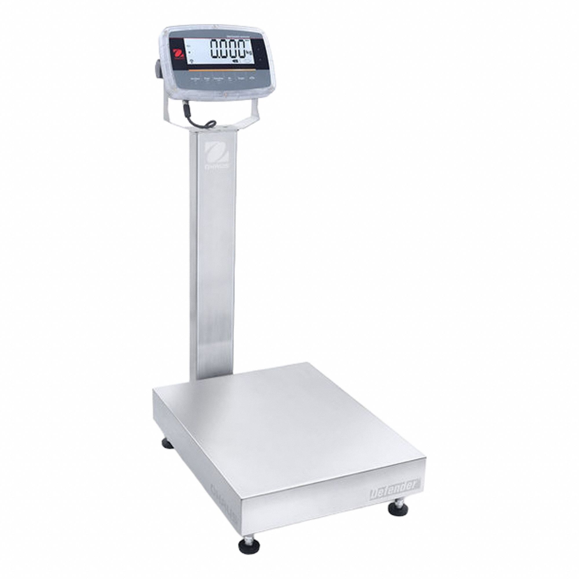OHAUS Industrial Bench Scale: 15 3/4 in x 19 3/4 in, IP68/IP69K, Column-Mounted, Stainless Steel (MPN D61PW150K1L7). Key specifications — Connection Ports: Infrared Communication Kit; Readability: 0.02 lb/10 g; Brand: OHAUS; Weighing Surface Material: Stainless Steel.