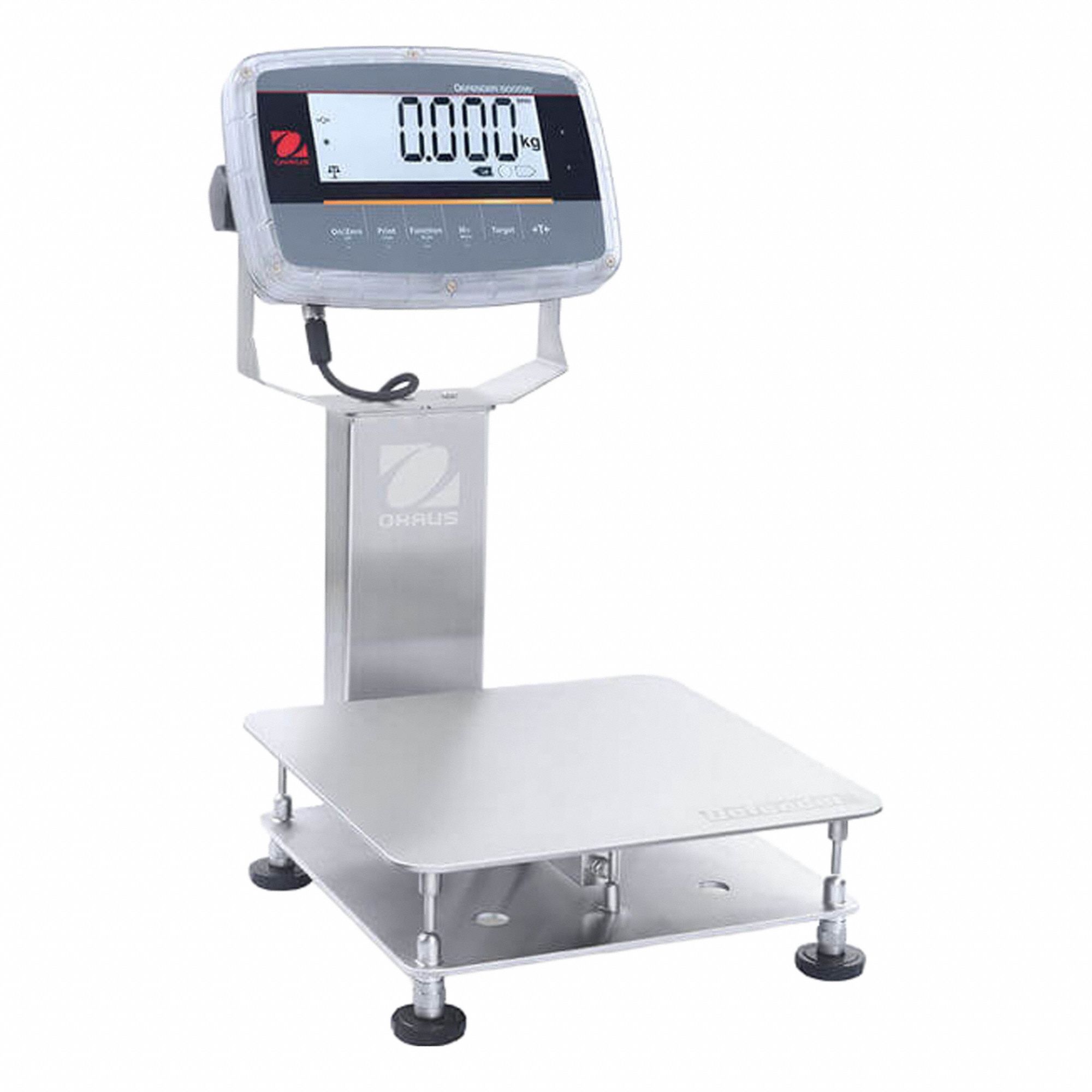 OHAUS Industrial Bench Scale: 11 3/4 in x 11 3/4 in, IP68/IP69K, Column-Mounted, Stainless Steel (MPN D61PW25K1R6). Key specifications — Connection Ports: Infrared Communication Kit; Readability: 0.005 lb/2 g; Brand: OHAUS; Weighing Surface Material: Stainless Steel.