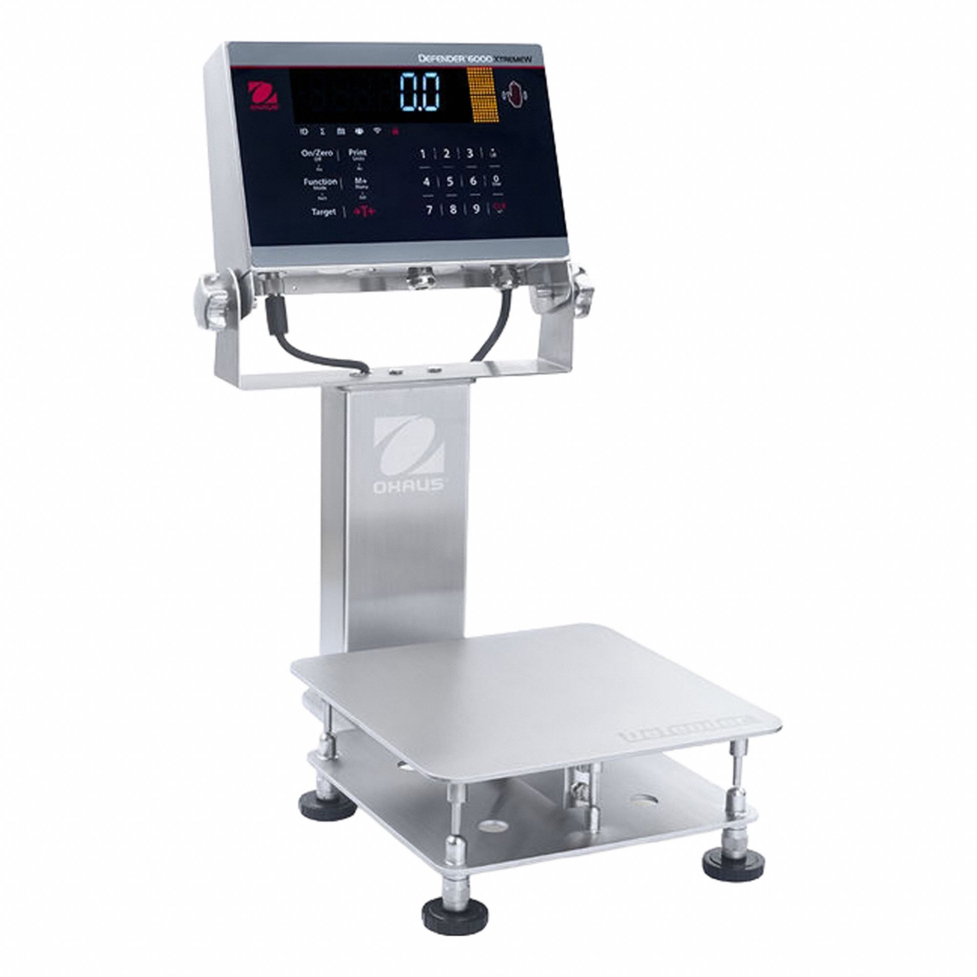 OHAUS Industrial Bench Scale: 9 3/4 in x 9 3/4 in, IP68/IP69K, Column-Mounted, Stainless Steel (MPN D61XWE5K1S6). Key specifications — Connection Ports: USB; Readability: 0.001 lb/0.5 g; Brand: OHAUS; Weighing Surface Material: Stainless Steel.