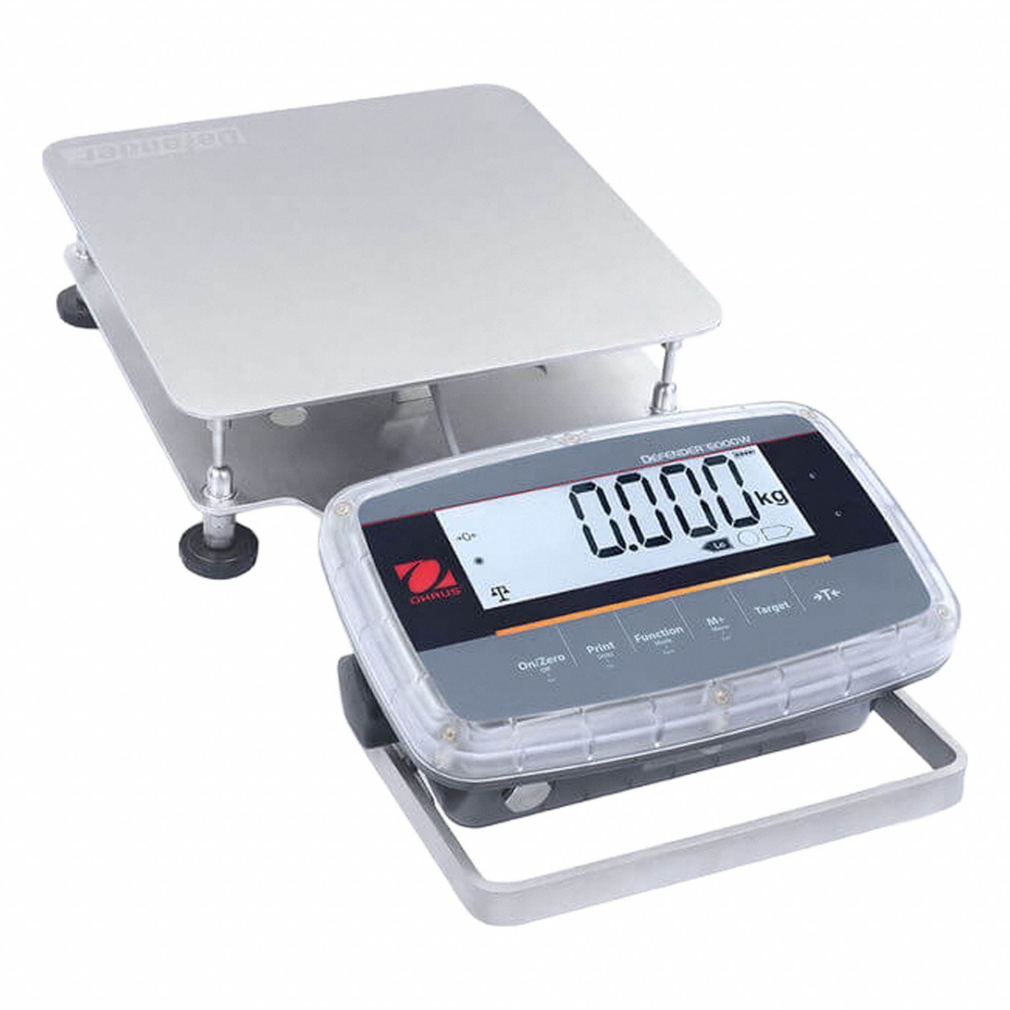OHAUS Industrial Bench Scale: 11 3/4 in x 11 3/4 in, IP68/IP69K, Front-Mounted, Stainless Steel (MPN D61PW12K1R5). Key specifications — attr1341383: Infrared Communication Kit; attr1341384: 0.002 lb/1 g; attr1341400: OHAUS; attr1383935: Stainless Steel.