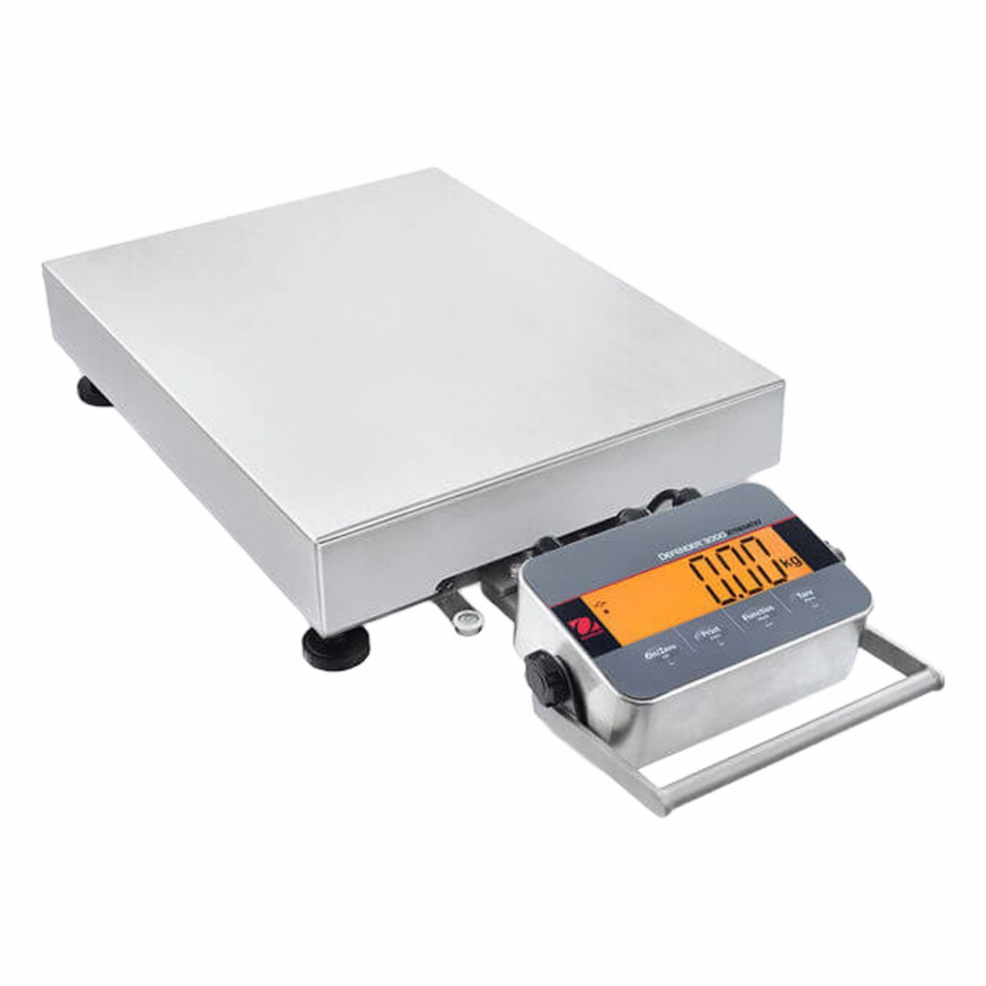 OHAUS Industrial Bench Scale: 16 1/2 in x 21 5/8 in, IP65/IP66, Front-Mounted, Stainless Steel (MPN i-D33XW75B1L5 AM). Key specifications — attr1341383: RS-232; attr1341384: 0.02 lb/10 g; attr1341400: OHAUS; attr1383935: Stainless Steel.