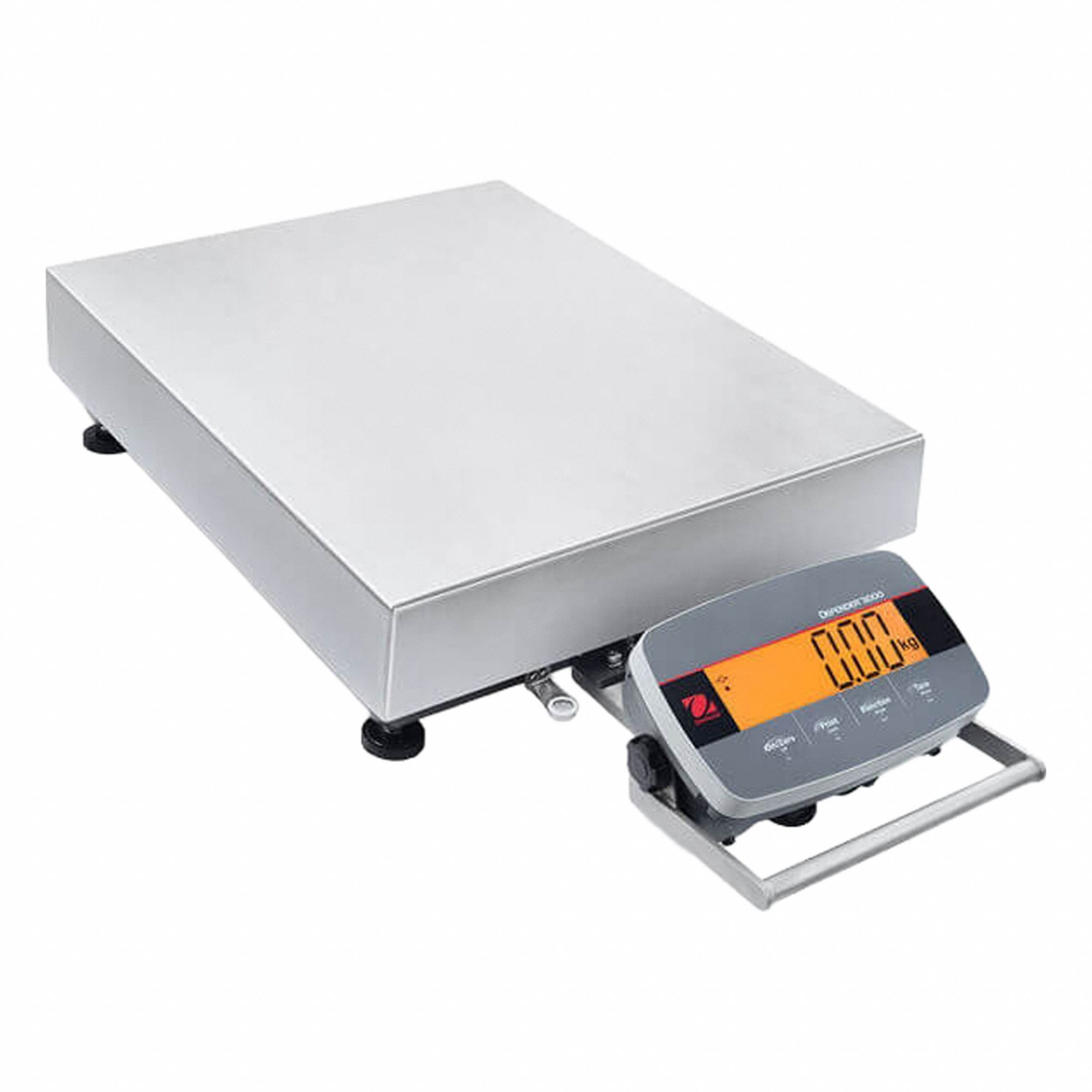 OHAUS Industrial Bench Scale: 19 3/4 in x 25 5/8 in, Not IP Rated, Front-Mounted, Stainless Steel (MPN D33P150B1X5 AM). Key specifications — attr1341383: RS-232; attr1341384: 0.05 lb/20 g; attr1341400: OHAUS; attr1383935: Stainless Steel.