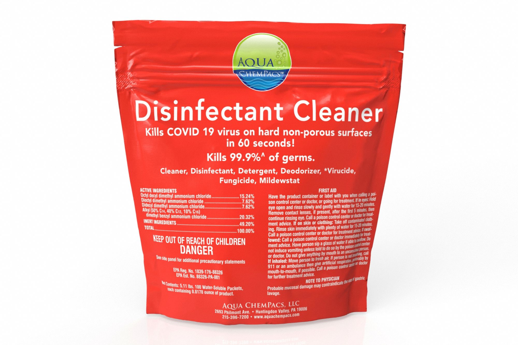 Disinfectant Cleaner: Packet, Concentrated, Liquid, Quat, Unscented, No Series