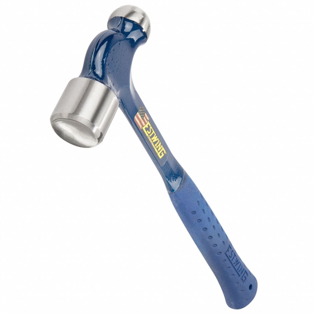 Ball Peen Hammer: Steel, Steel, 32 oz Head Wt, 1 5/8 in Face Dia, 14 in Overall Lg, Plain Grip