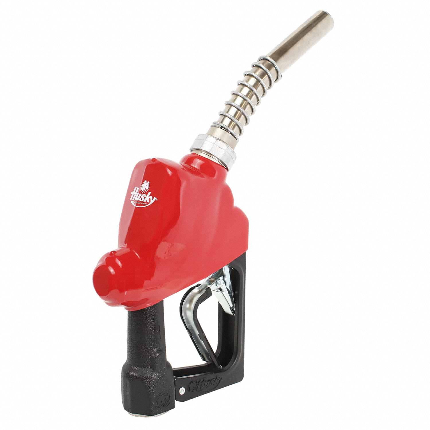 HUSKY Wine/Whiskey Nozzle: Auto, No Meter Included, 25 gpm Max. Flow Rate, Pressure Activated (MPN E874203N-02). Key specifications — Nozzle Body Material: Aluminum; Brand: HUSKY; Spout Material: Aluminum; Nozzle Extension Type: Rigid.