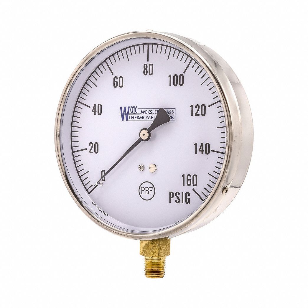 Pressure Gauge: 160 psi, 4 1/2 in Dial, 1/4 in NPT Male, Bottom, ±1.00% Accuracy, EA14, EA14