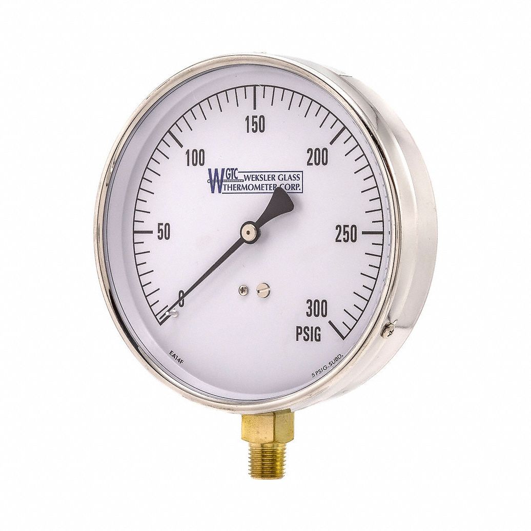 Pressure Gauge: 3, 000 psi, 4 1/2 in Dial, 1/4 in NPT Male, Bottom, ±1.00% Accuracy, EA14