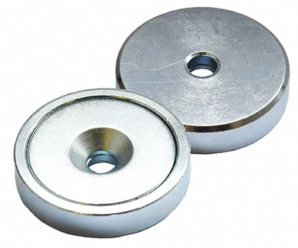 SHALLOW POT MAGNET, 17 LB MAX PULL, 39/64 IN DIA/9/64 IN HOLE DIA, NEODYMIUM/STEEL