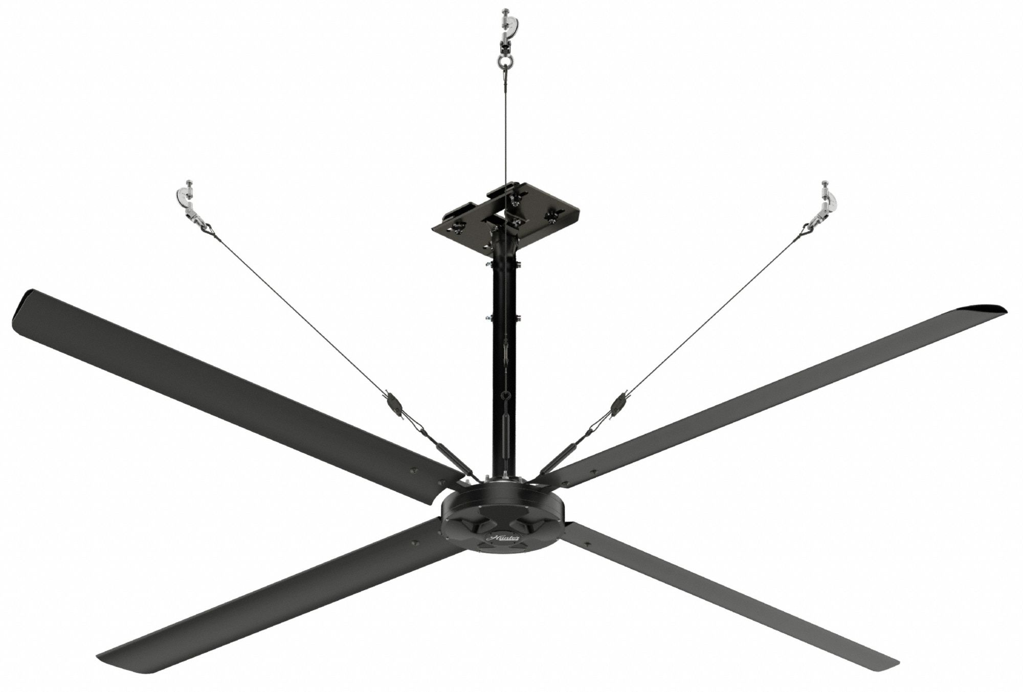 HUNTER INDUSTRIAL Ceiling Fan: 68,544 cfm Airflow, 12 ft Blade Dia, Variable Speeds, 240V AC, Silver (MPN E12-21I-IP-LG). Key specifications — Voltage: 240V AC; Light Kit: No; Series: ECO; Number of Speeds: Variable; Phase: Single; Current: 6.5 A; Brand: HUNTER INDUSTRIAL.