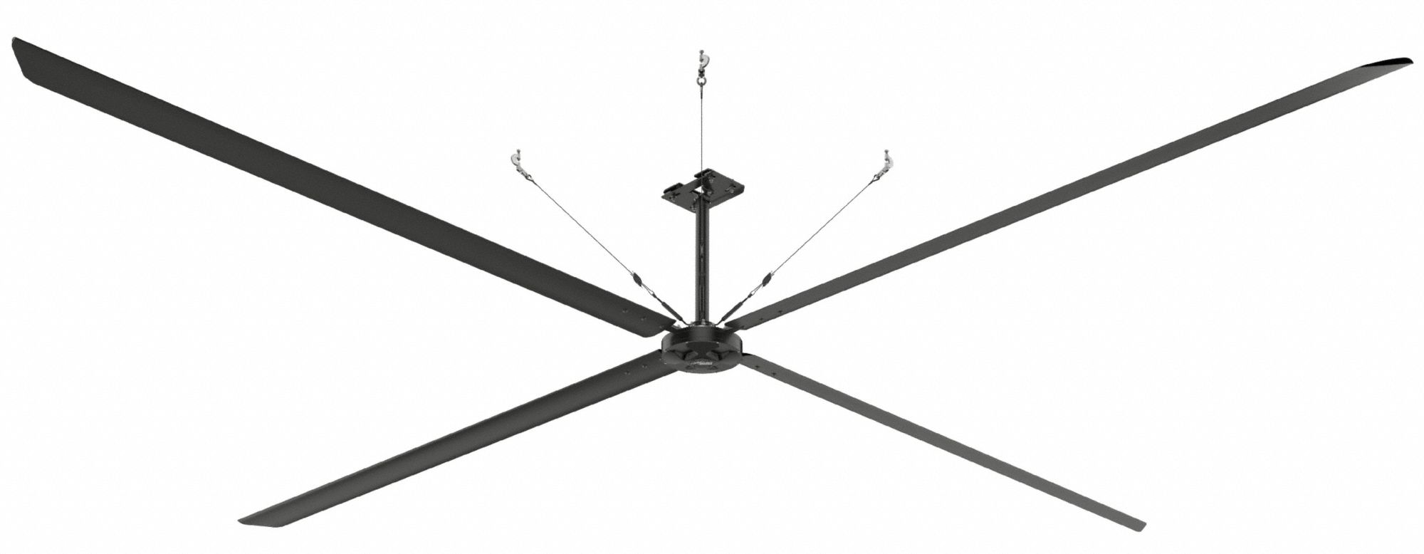 HUNTER INDUSTRIAL Ceiling Fan: 197,067 cfm Airflow, 24 ft Blade Dia, Variable Speeds, 240V AC, ECO (MPN E24-21I-IP-LG). Key specifications — Voltage: 240V AC; Light Kit: No; Series: ECO; Number of Speeds: Variable; Phase: Single; Current: 6.5 A; Brand: HUNTER INDUSTRIAL.