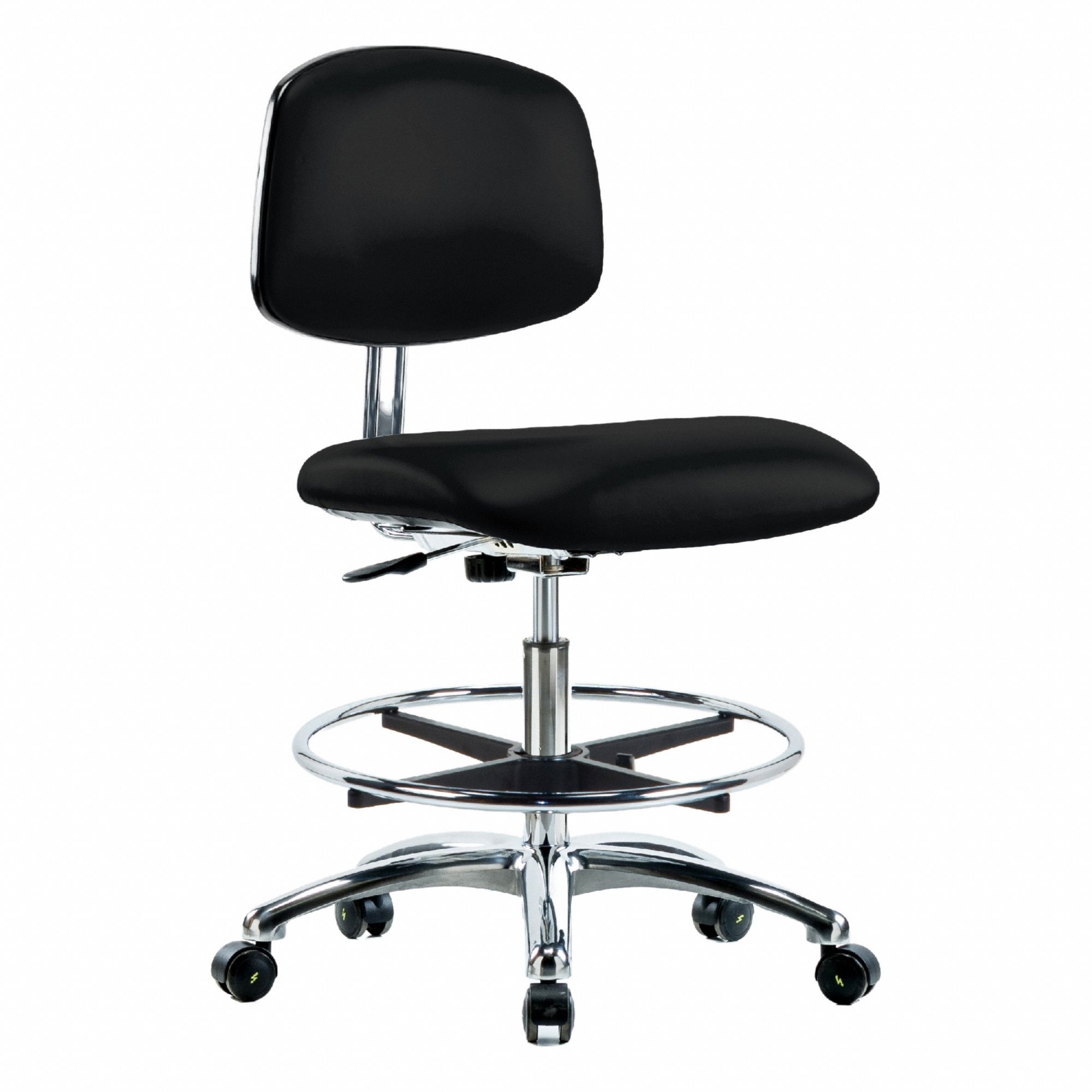 ESD/Cleanroom Task Chair: Vinyl, Armless, Ht Range 21 1/2 in to 29 in, 18 1/2 in Seat Wd, 5 Casters