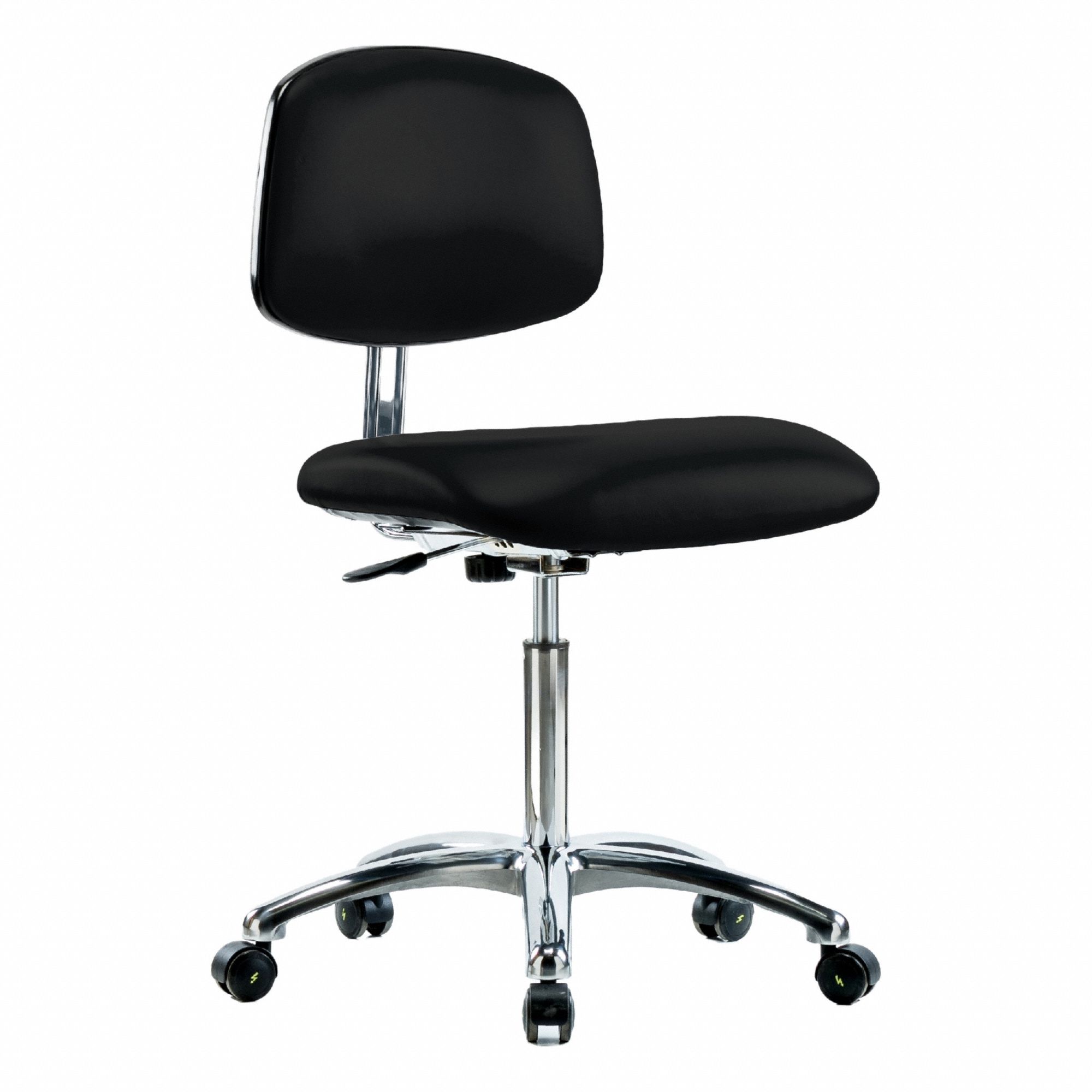 ESD/Cleanroom Task Chair: Vinyl, Armless, Ht Range 21 1/2 in to 29 in, 18 1/2 in Seat Wd, 5 Casters