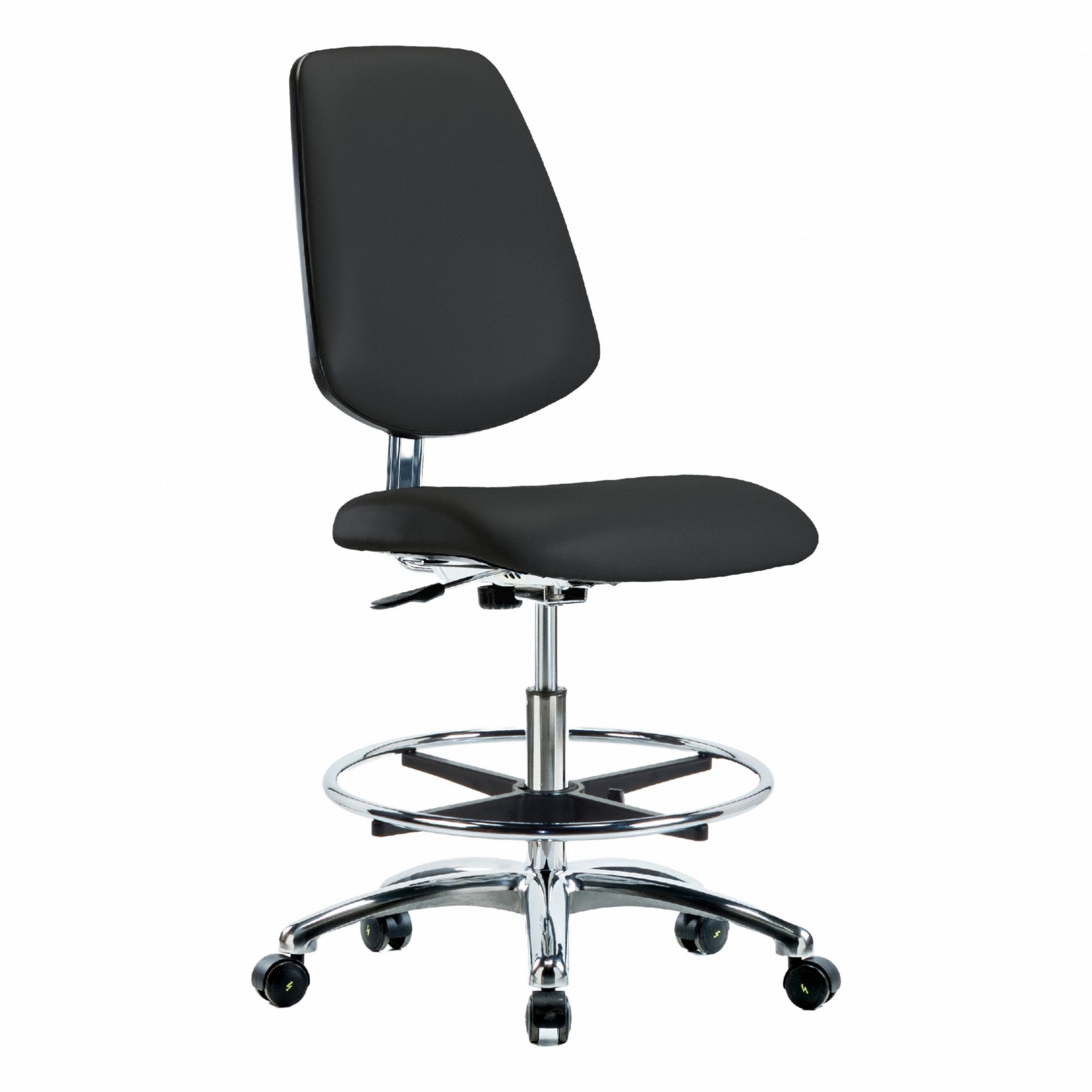 ESD/Cleanroom Task Chair: Vinyl, Armless, Ht Range 21 1/2 in to 29 in, 18 1/2 in Seat Wd, 5 Casters