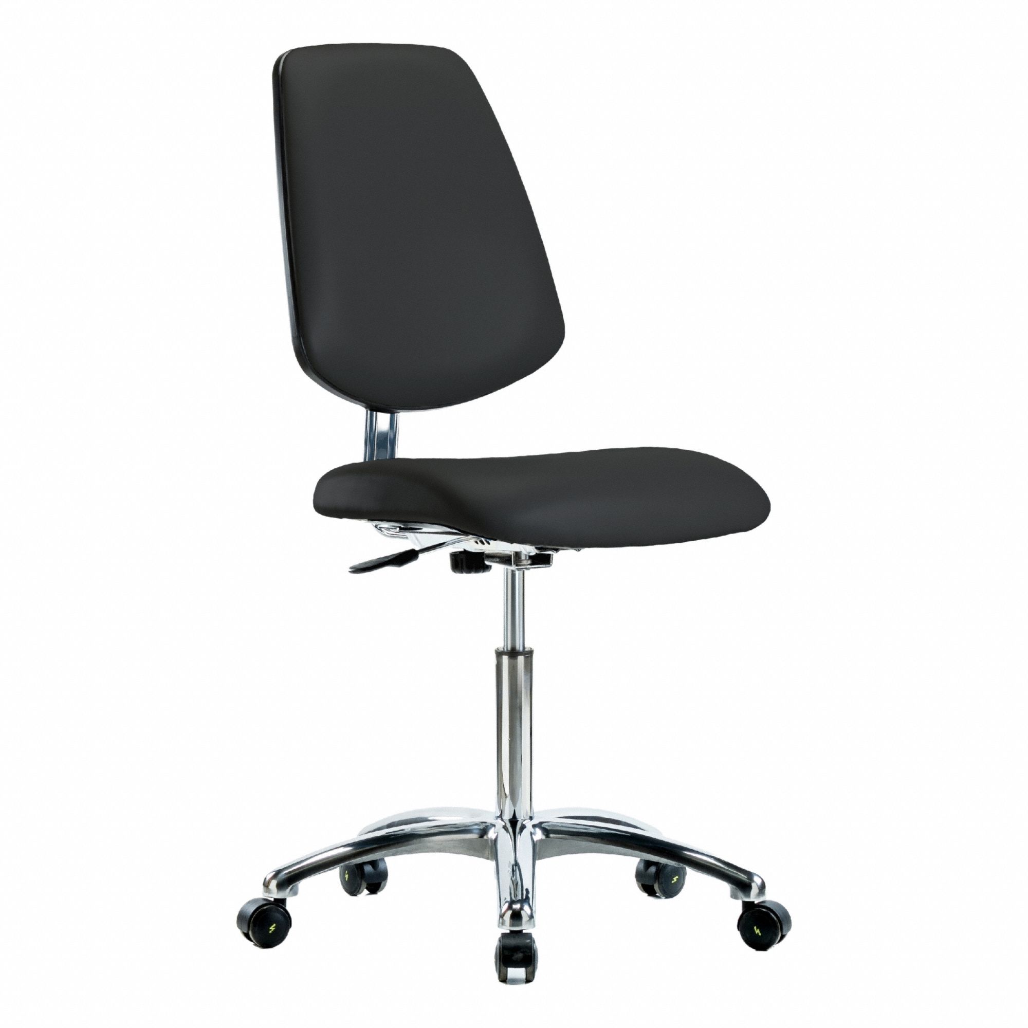 ESD/Cleanroom Task Chair: Vinyl, Armless, Ht Range 21 1/2 in to 29 in, 18 1/2 in Seat Wd, 5 Casters