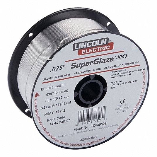 LINCOLN ELECTRIC MIG Welding Wire: Aluminum, ER4043, 0.035 in, 1 lb, SuperGlaze 4043 LINCOLN ELECTRIC MIG Welding Wire: Aluminum, ER4043, 0.035 in, 1 lb, SuperGlaze 4043