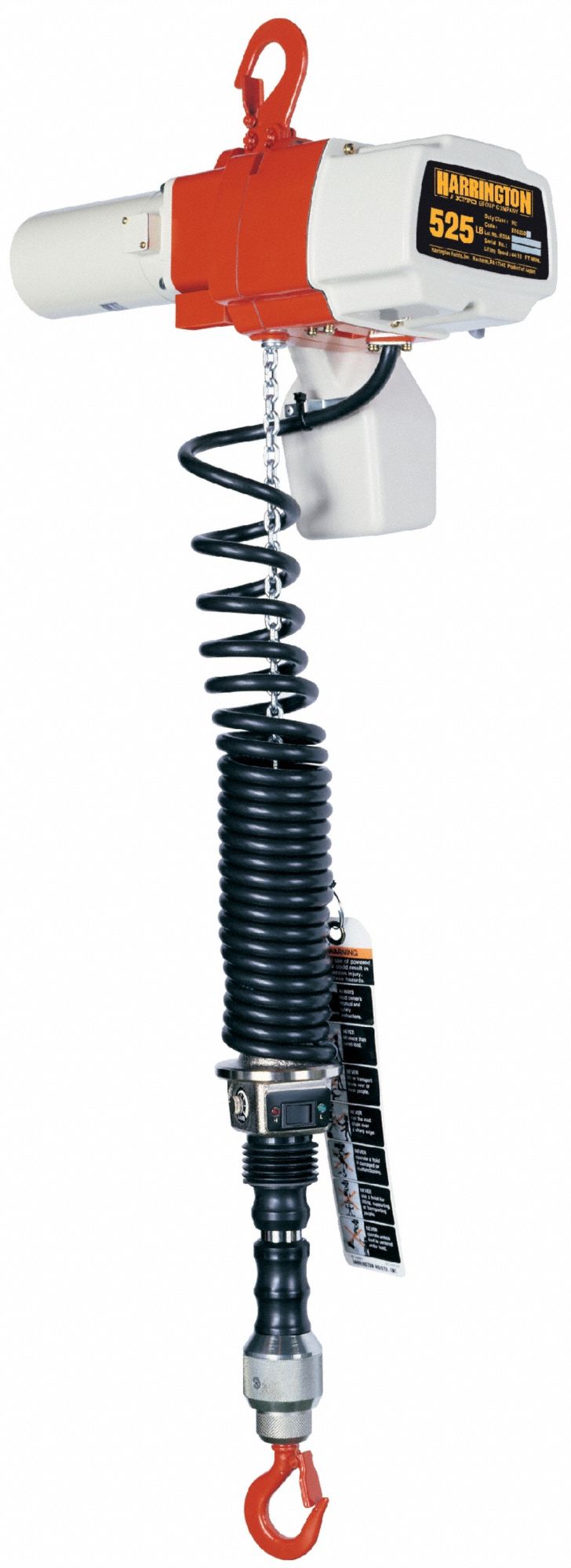 HARRINGTON Electric Chain Hoist: H2 - Light Duty, 120V AC, Hook Mounted - No Trolley, 2 Speeds (MPN ED525DA-6). Key specifications — Brand: HARRINGTON; Includes: Chain Container; Operating Voltage: 120V AC; Headroom Clearance: 37 in.