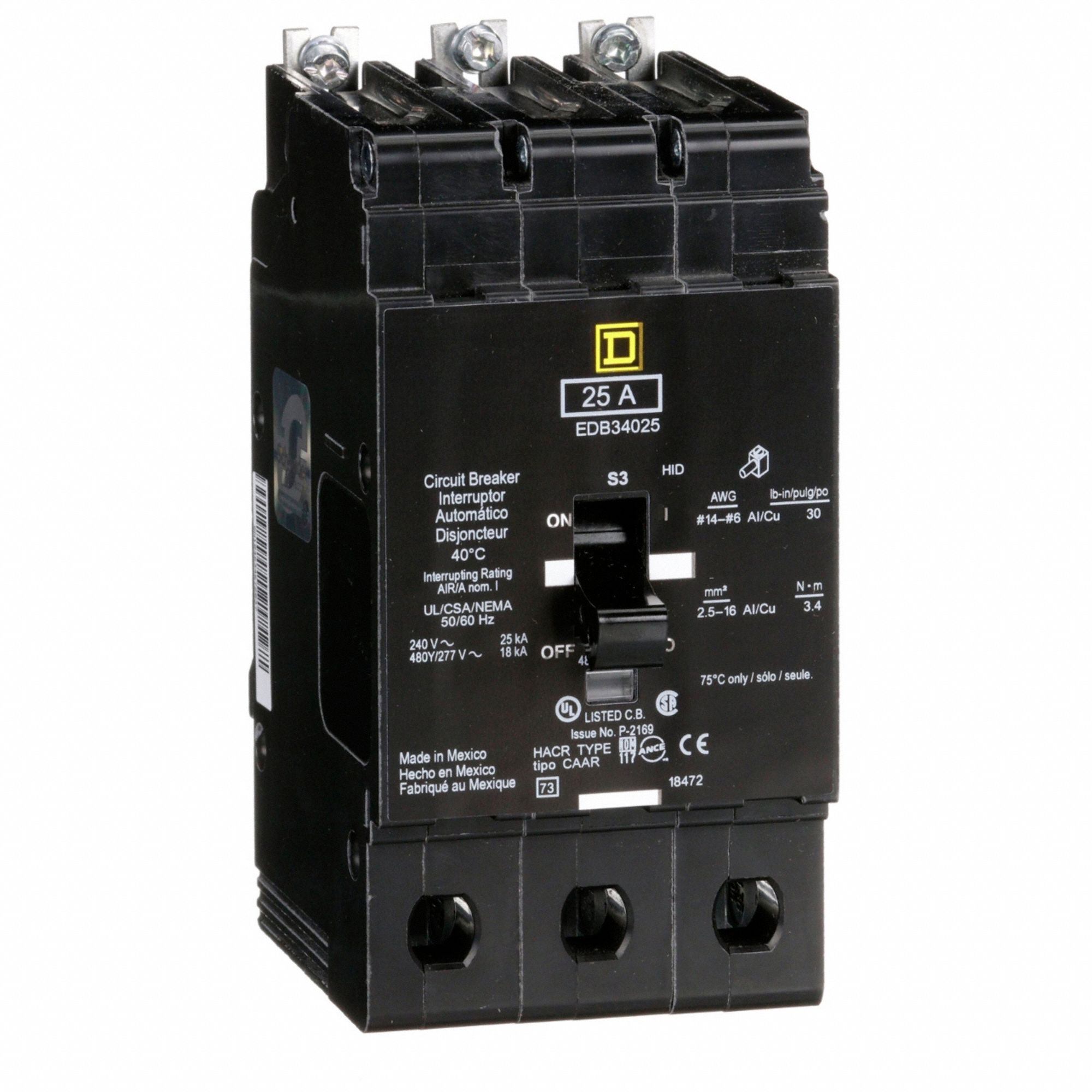 SQUARE D, 25 A, 277/480V AC, Miniature Circuit Breaker SQUARE D, 25 A, 277/480V AC, Miniature Circuit Breaker