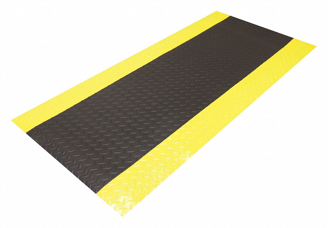TAPIS ANTIFATIGUE, NON ANTIMICROBIEN, NOIR, JAUNE, ÉPAISSEUR ⅝ PO, VINYLE, 75 X 3 PI, CONIQUE, RECTANGLE