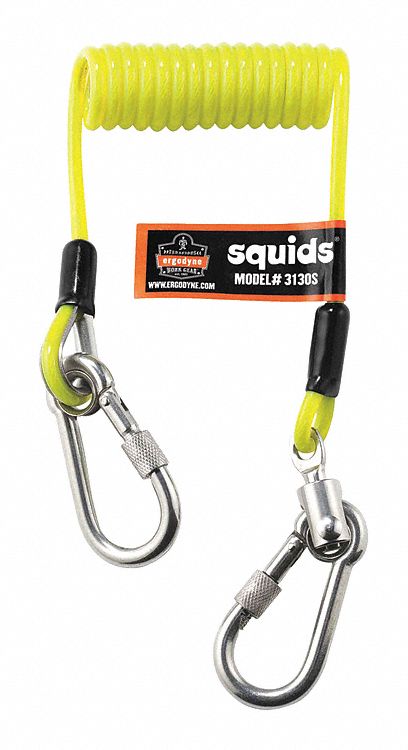LANYARD, COIL, STAINLESS STEEL CARABINER, 2 LB CAPACITY, LIME, 6-1/2 - 50 IN,
