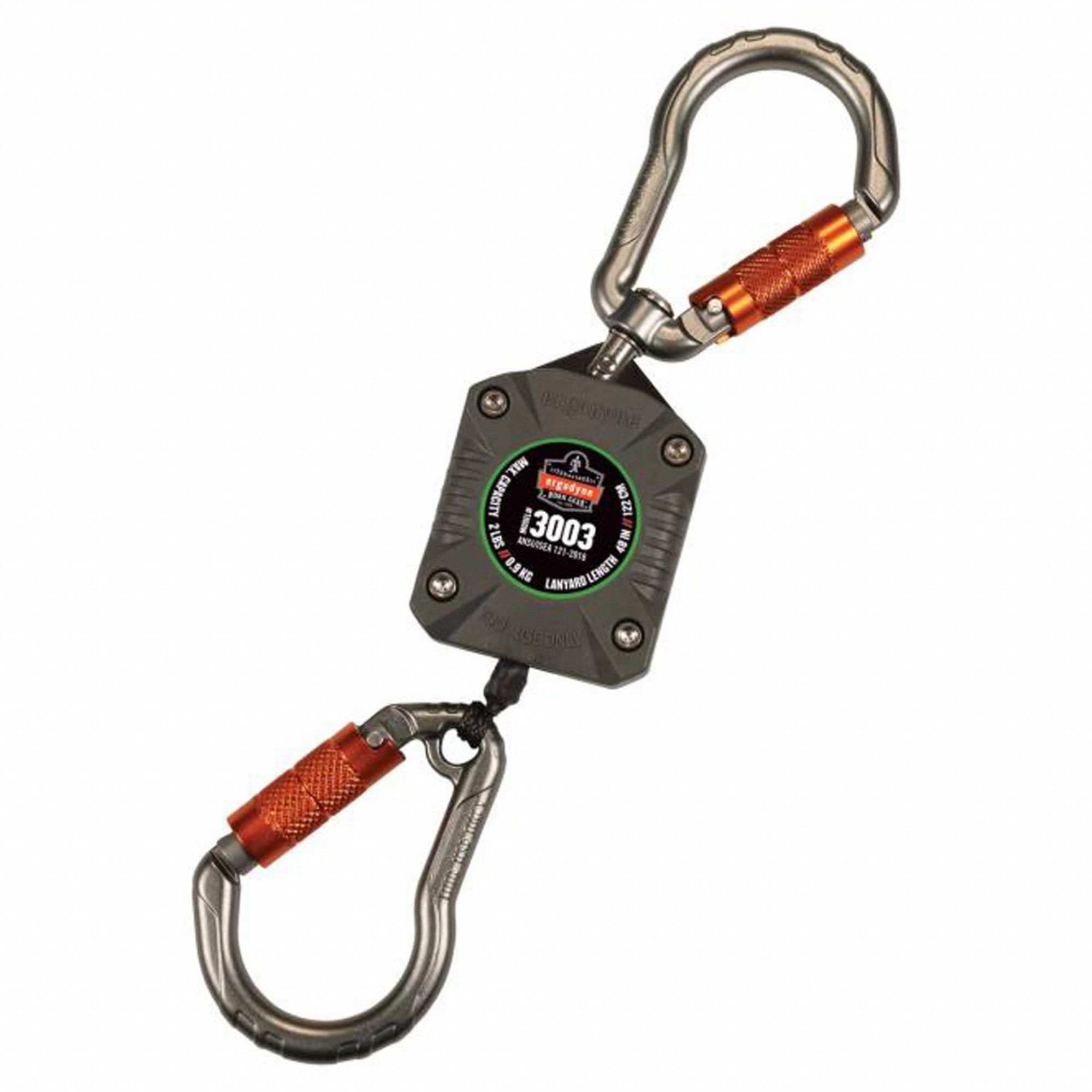 RETRACTABLE TOOL LANYARD, CARABINER, LENGTH 8 IN, ALUMINUM